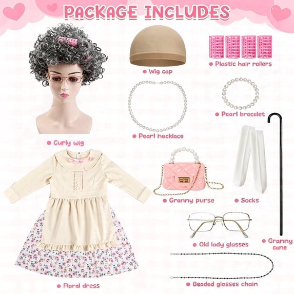 Girls Old Lady Costume 10Pcs Set - 100 Days of School Halloween Costume Grandma Dress Up Granny Outfit
