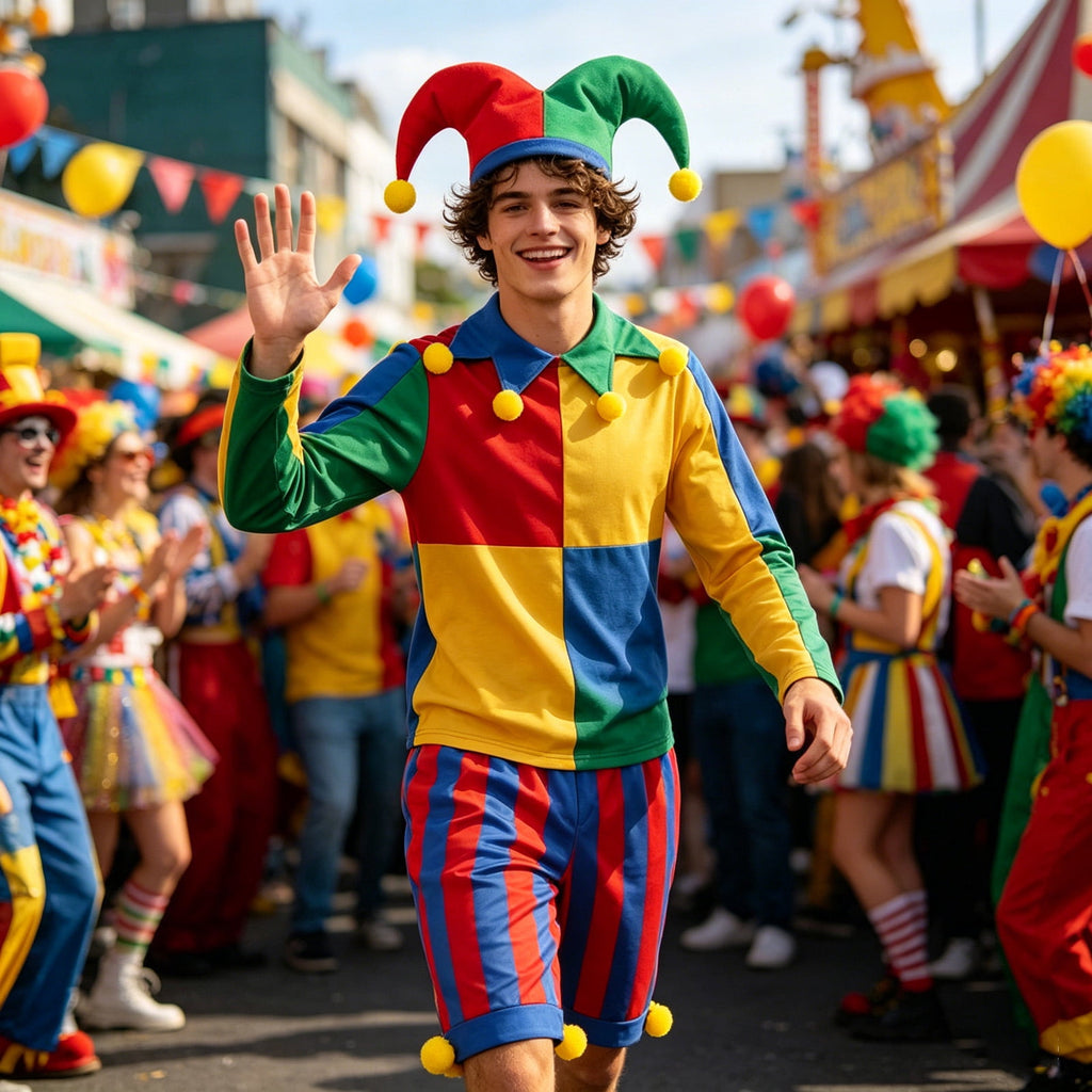 Clown Costume Set for Halloween Cosplay, Multicolor Circus Show Clown One-Piece Outfit Jumpsuit for Halloween Carnival Party Suit, Halloween Costume for Women, M