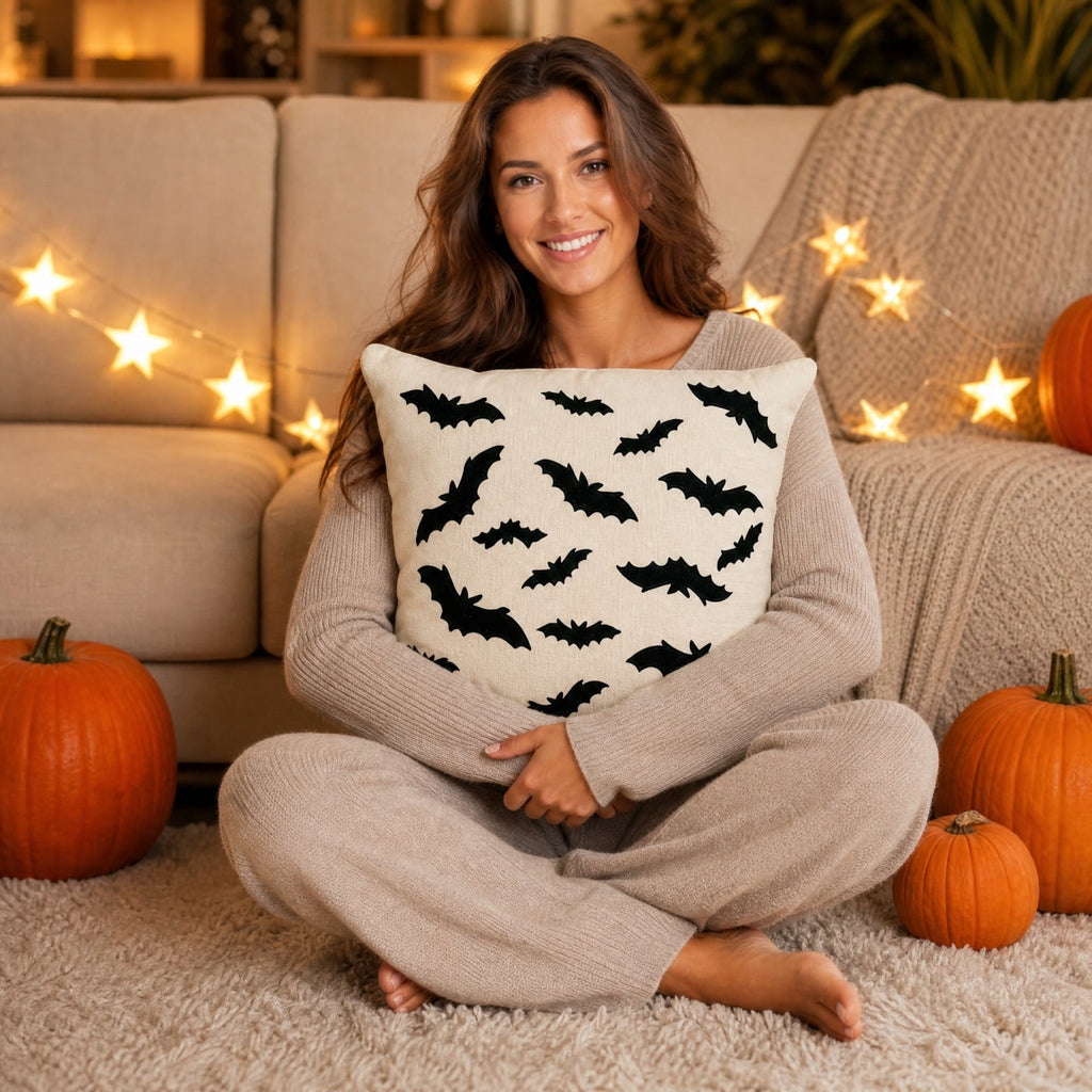 Yeciiwht Halloween Throw Pillow Cover – 18*18inch Embroidered Linen Cushion Case with Ghost, Mummy & Bat Designs, Invisible Zipper, Machine Washable