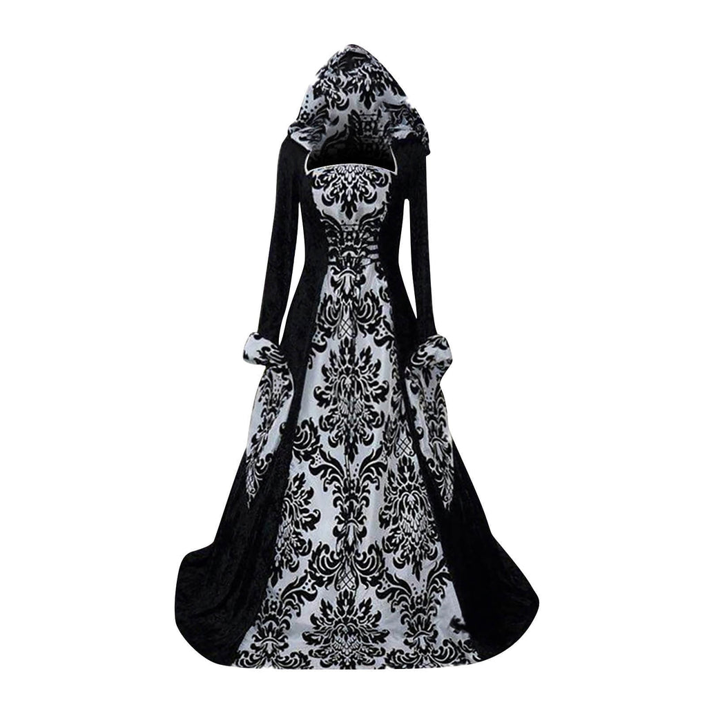 Medieval Damask Gown, Renaissance Witch Costume, Halloween Vampire Dress, Bell Sleeve Hooded Gown, Women Victorian Gothic Hooded Witch Dress Vampire Sorceress Vintage Renaissance Ball Gown, Red L