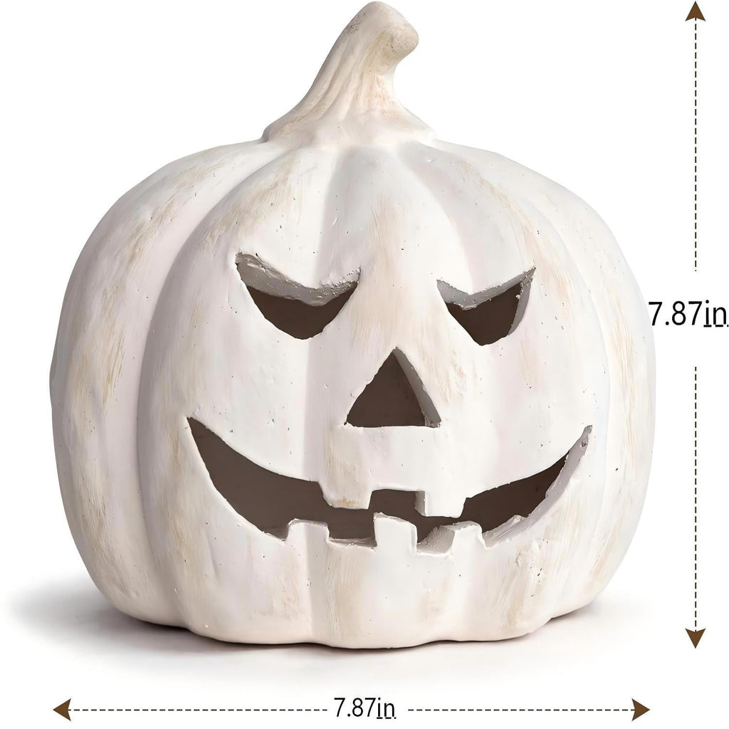 Fall Decorations for Home - Halloween Decor Indoor - 7.87" H White Handmade Resin Pumpkin Jack O' Lantern with Flameless Candle - Outdoor Decoration for Front Door Porch Mantel Kitchen Living Room