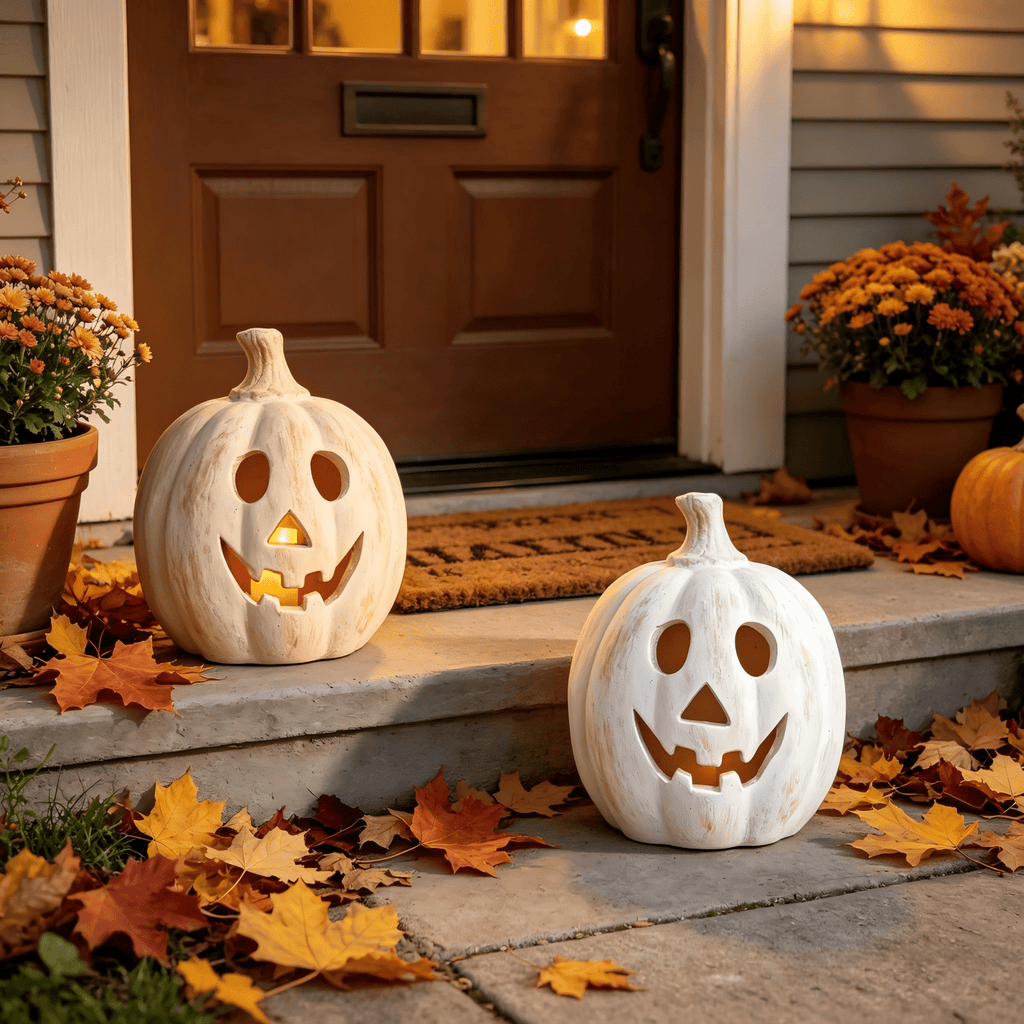 Fall Decorations for Home - Halloween Decor Indoor - 7.87" H White Handmade Resin Pumpkin Jack O' Lantern with Flameless Candle - Outdoor Decoration for Front Door Porch Mantel Kitchen Living Room
