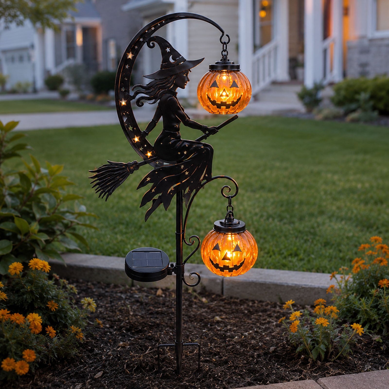 Halloween Crescent Moon Pumpkin Solar Stake Light, Star Hollow Cutout Ground Lamp, Anti Rust Halloween Decorations Party for Yard Walkway black