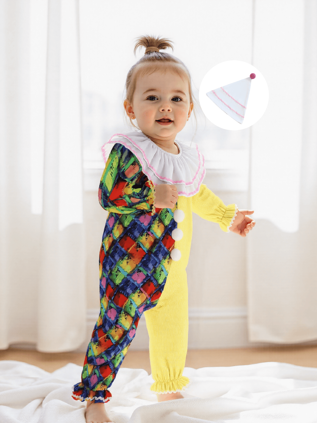 RUINIXCW Kids Toddler Baby Girl Boy Halloween Outfit Clown Costume Infant Baby Girl Boy Romper Birthday Photoshoot Outfit Contrast Color Long Sleeve Jumpsuit Hat