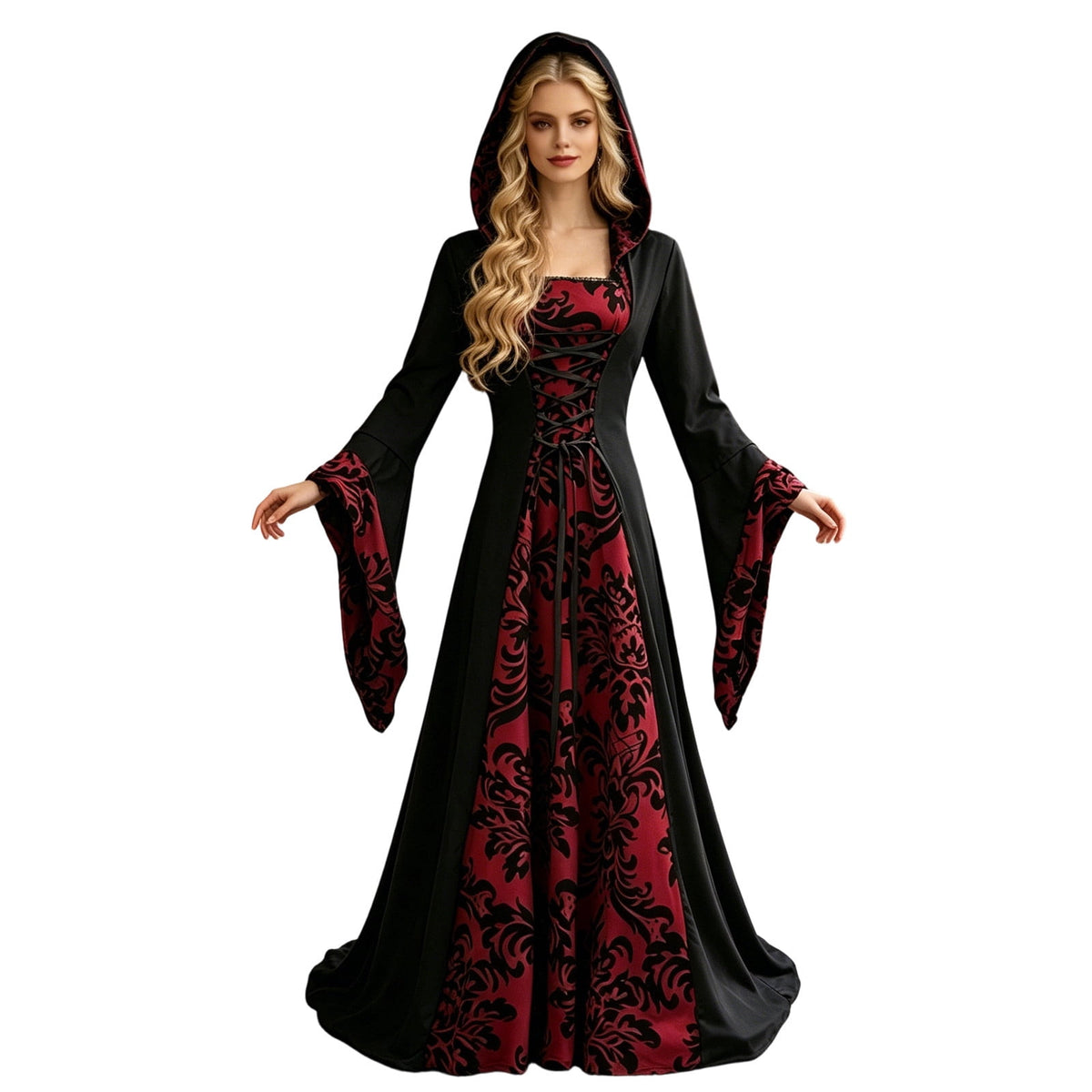 KICILVS Witch Costume Women Hooded Gothic Robe Corset Waist Bell Sleeve Maxi Length Damask Print Vampire Cloak Outfit White