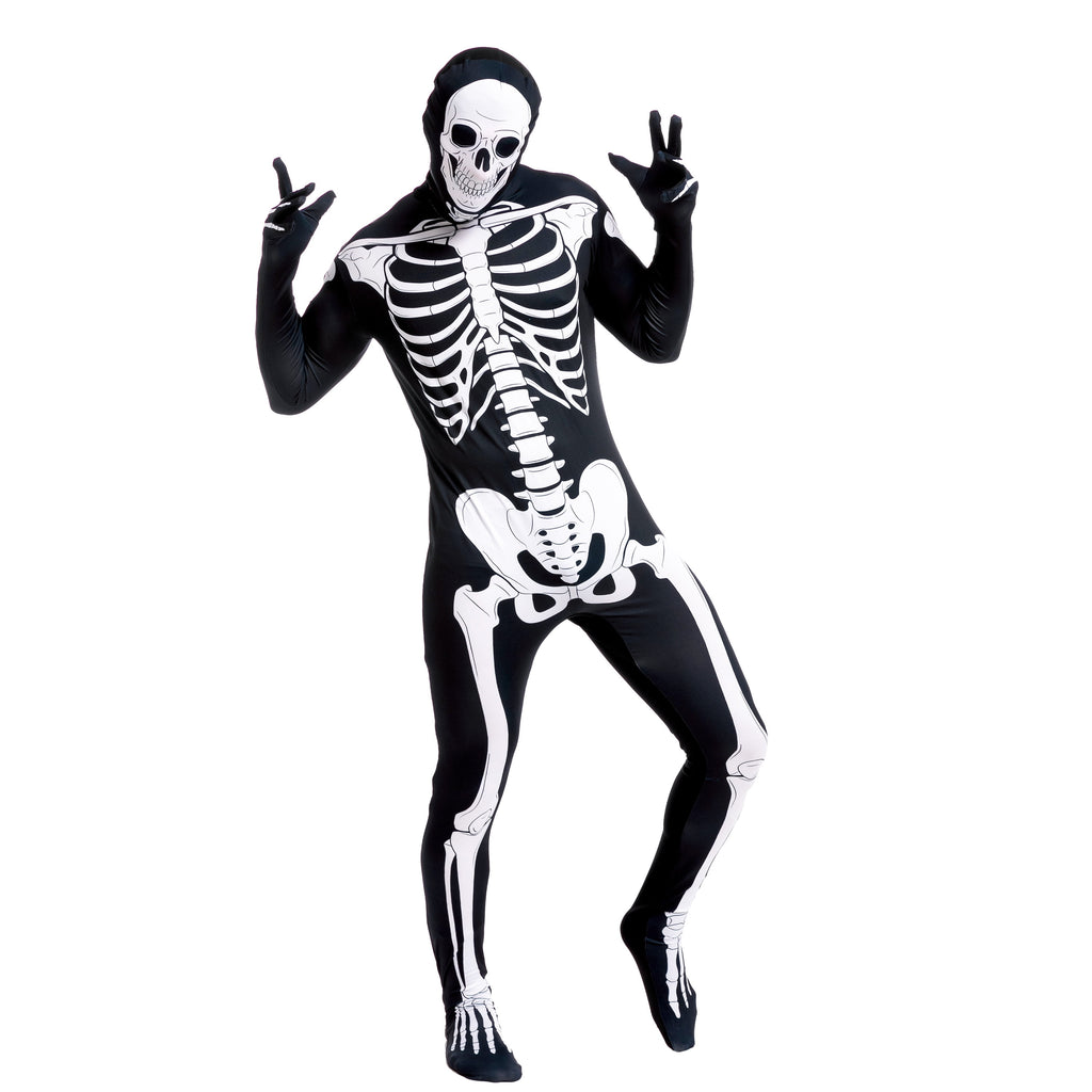 Joyfy Skeleton Costume for Adults, Skeleton Bone Bodysuit Halloween Costumes for Men with Skeleton Hood Mask, Halloween Party Fancy Dress-up
