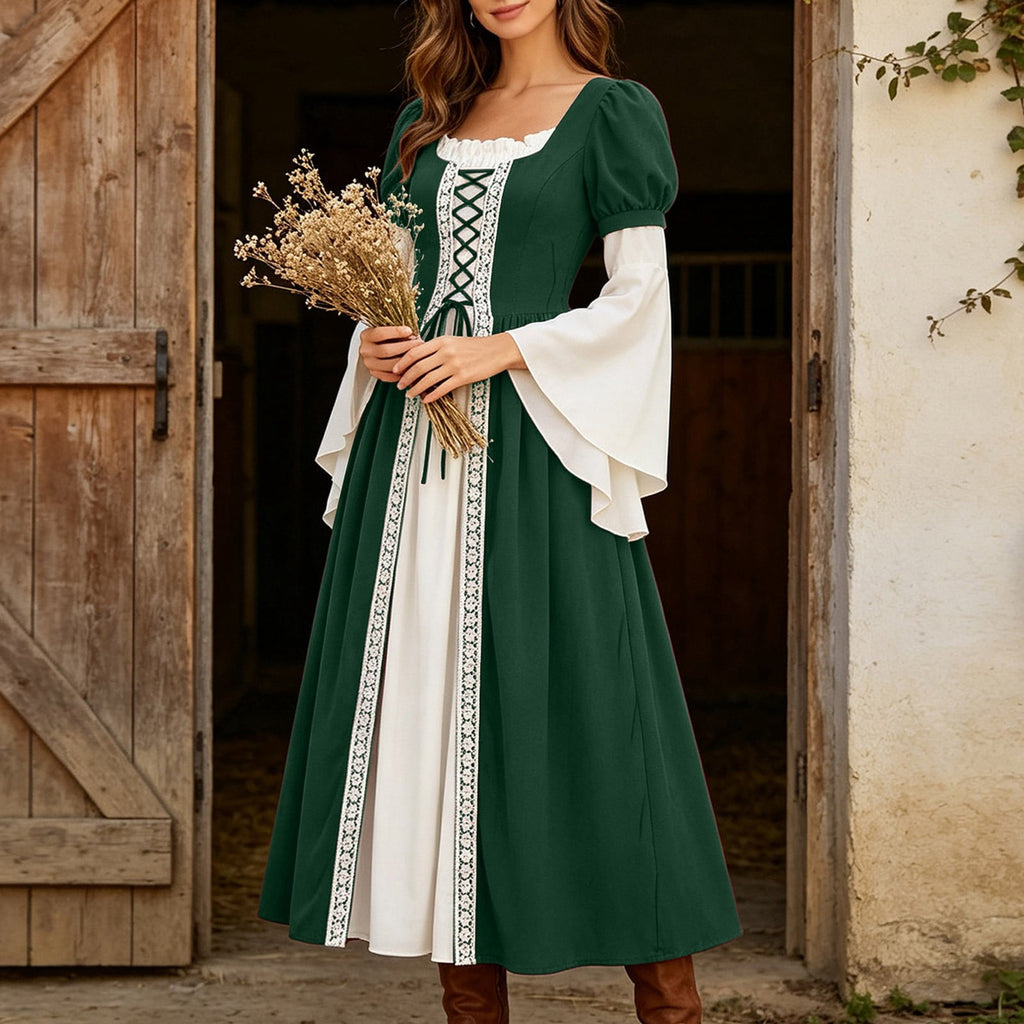 Hurxie Renaissance Costume Women Peasant Medieval Dress Maxi Fairy Dresses with Bell Sleeve Vintage Ren Faire Outfit