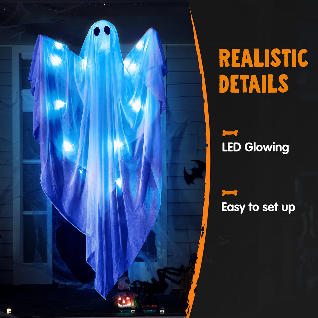 Joyfy 47" Halloween Hanging Light up Ghost Decorations Outdoor,White Ghosts with Blue LED Light and Timer Halloween Hanging Decoration Waterproof for Front Yard Patio Lawn