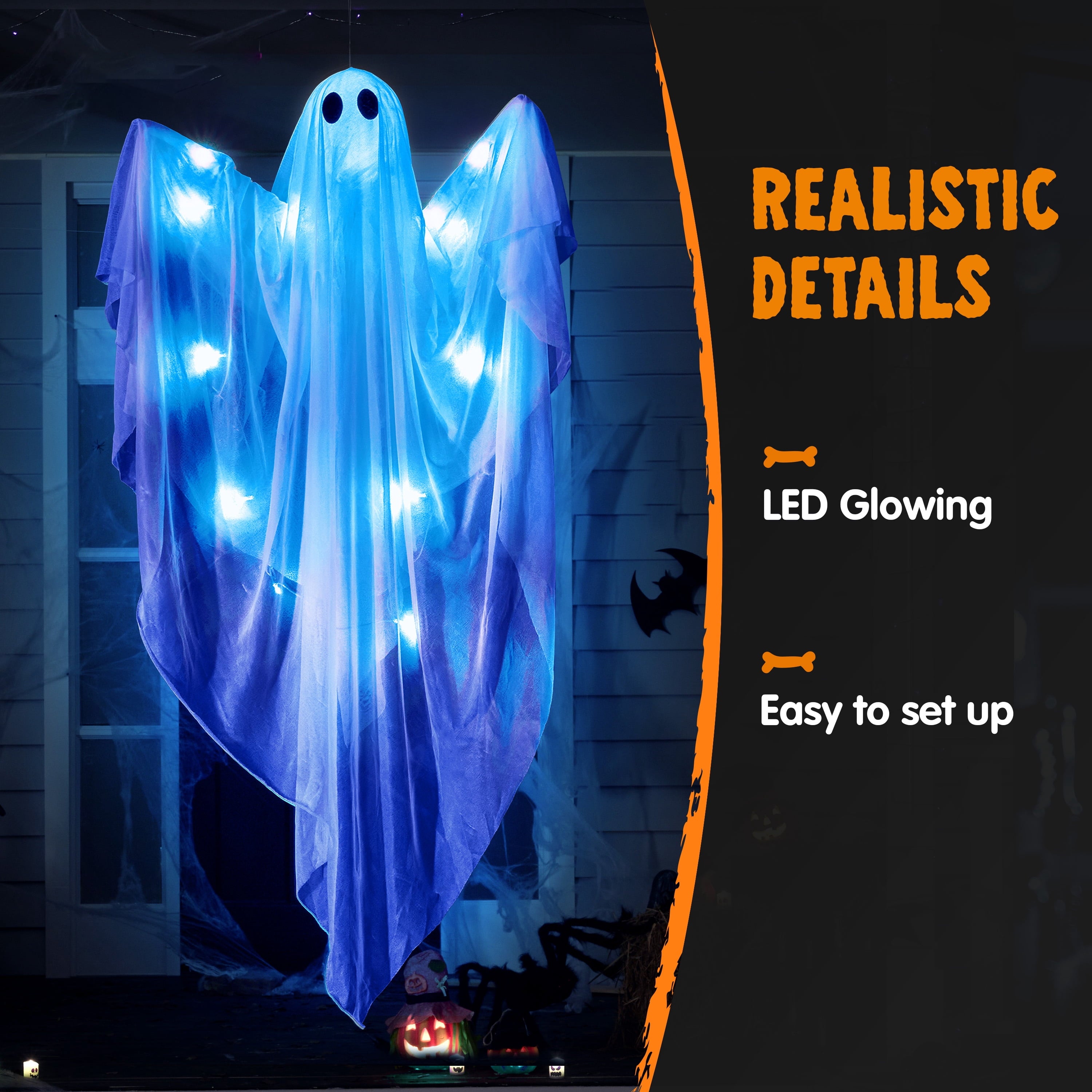 Joyfy 47" Halloween Hanging Light up Ghost Decorations Outdoor,White Ghosts with Blue LED Light and Timer Halloween Hanging Decoration Waterproof for Front Yard Patio Lawn