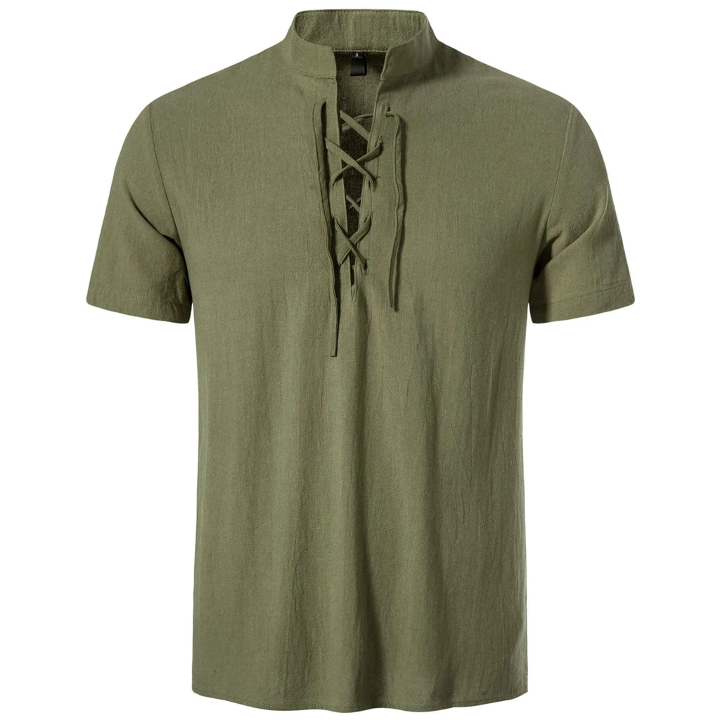 HAOMEILI Men's Cotton Linen Lace-Up V-Neck Short Sleeve Shirt