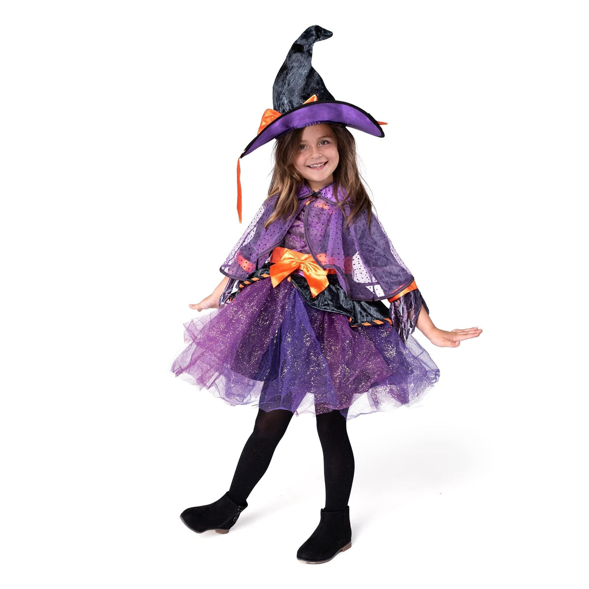 Joyfy Witch Costume for Girls, Purple Witch Dress with Broom Hat for Kids and Toddlers Halloween Dress up Parties