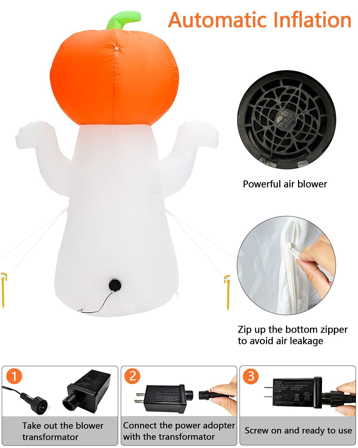 5FT Halloween Inflatable Pumpkin with 360° Rotating LED Lights, Outdoor/Indoor Decor