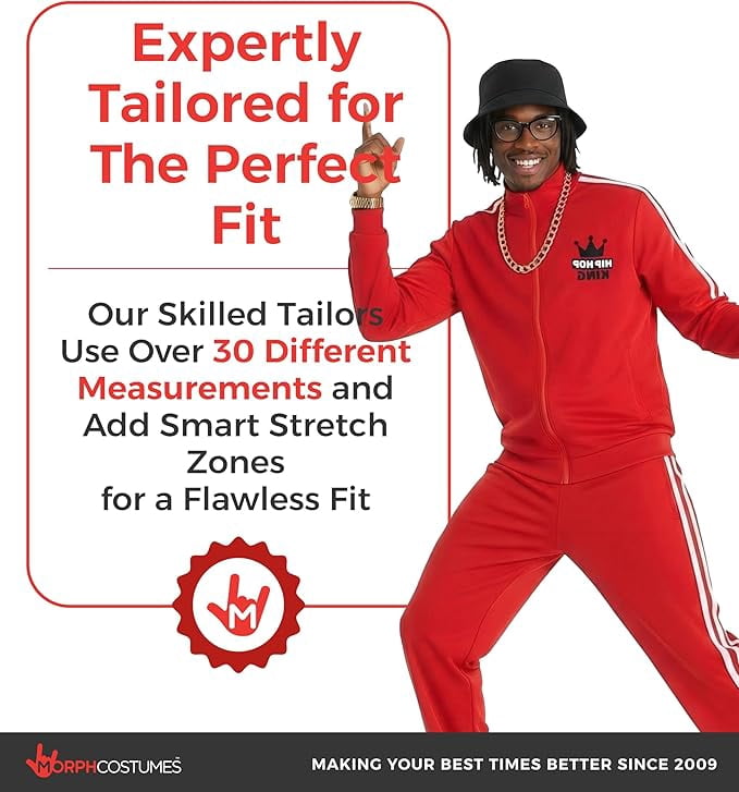Morph Mens 1980s Red Rapper Costume Boombox Adult 90s Hip Hop Tracksuit Halloween Red Standard
