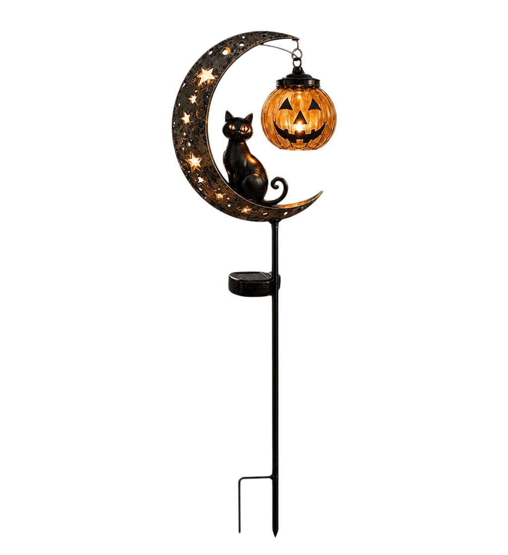 Clearance 35" Halloween Solar Pumpkin Moon Garden Stake Light with Black Cat Outdoor Waterproof LED Yard Decoration Hanging Jack-o'-Lantern for Garden, Patio, Walkway, Porch (C)