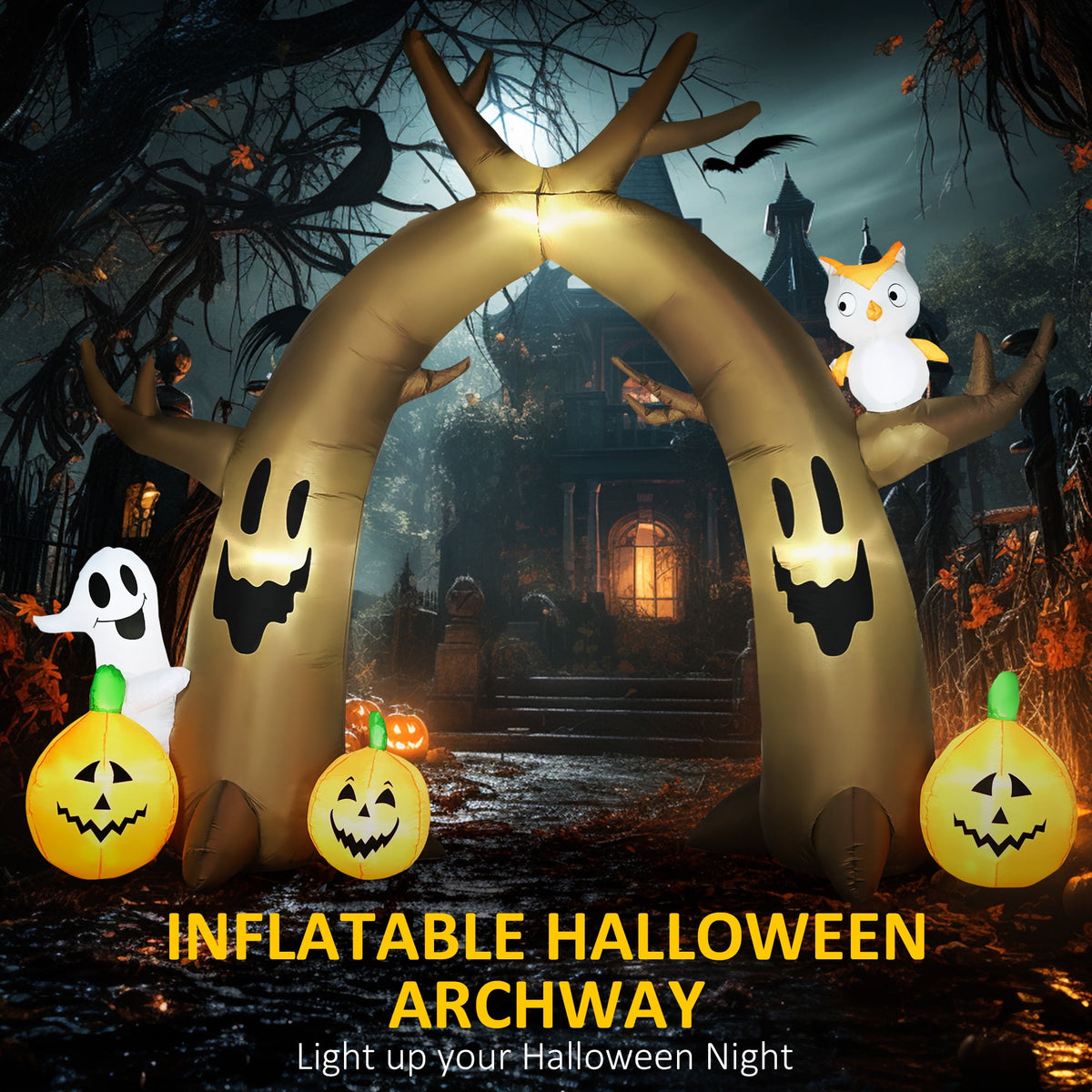 Outsunny 11.8' H Large Halloween Inflatable Archway Ghost Bat Pumpkin Spider, Halloween Decoration with LED Lights for Garden Indoor Outdoor