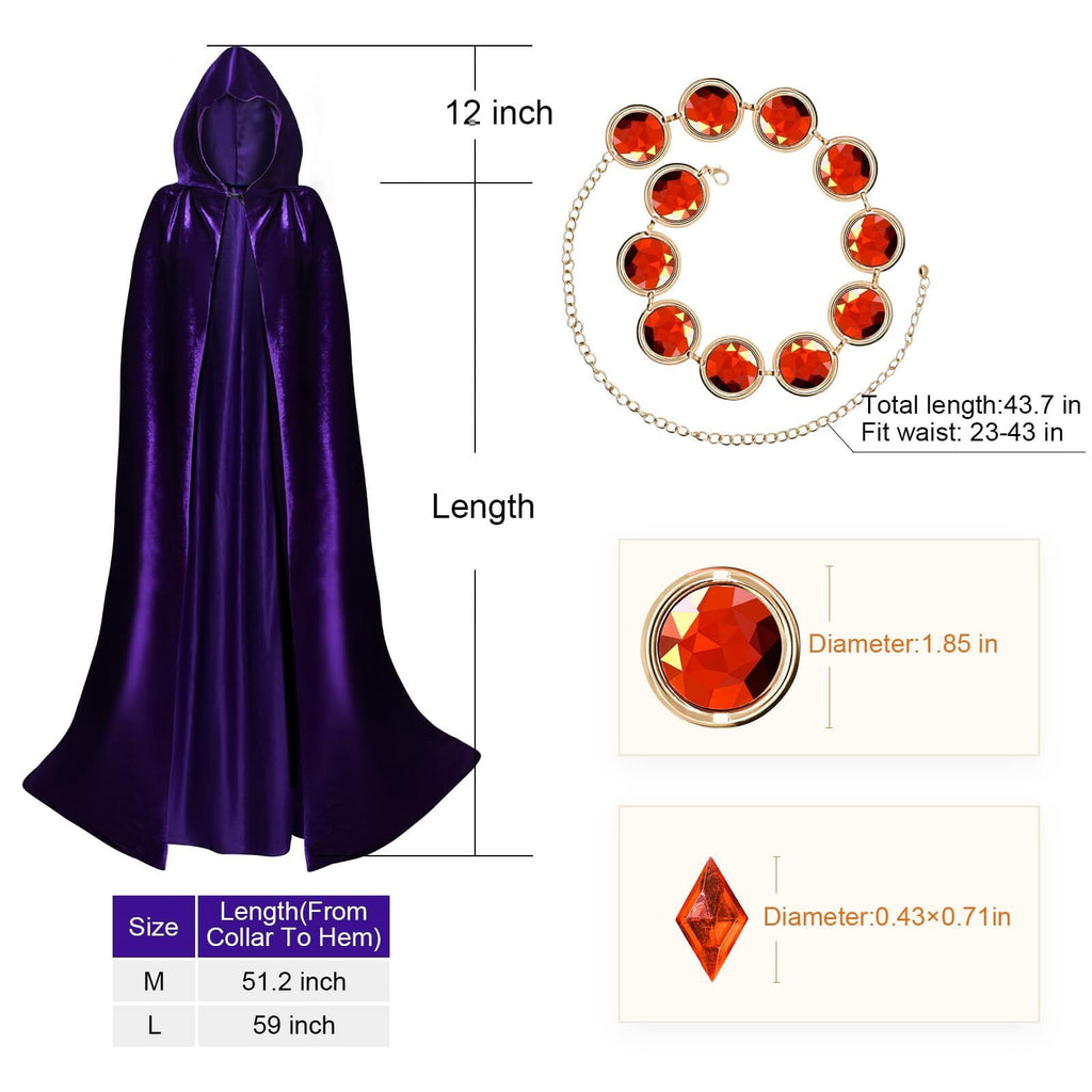 Women's Halloween Cosplay Costume Purple Hooded Cloak Cape Long Sleeve Bodysuits with Adjustable Red Gem Waist Belt