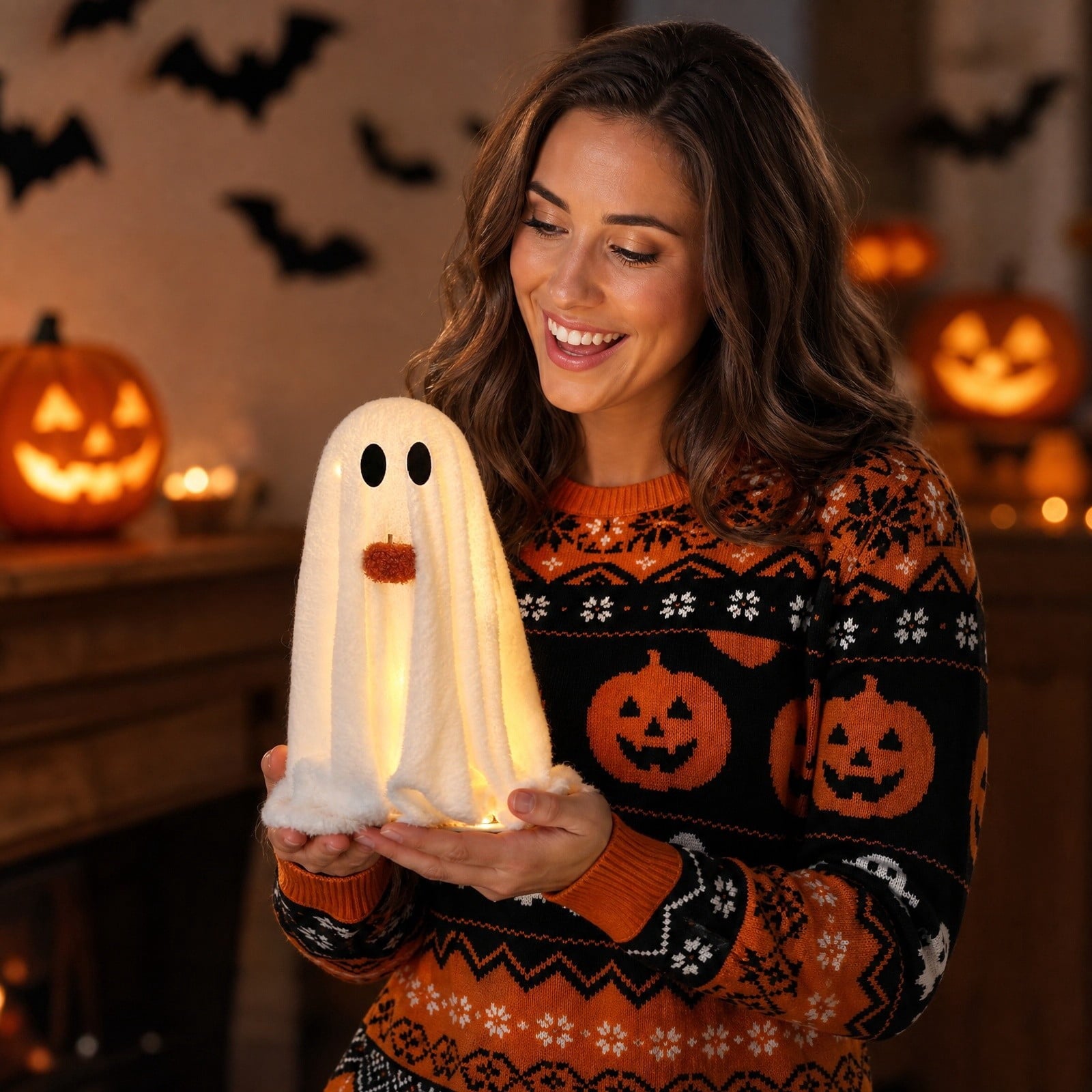 Fwttom Ghost Night Light, Halloween Lights Cute Ghost Reading Book Lamp, Halloween Decorations Indoor Light Up Ghost Statue Ghost Light for House Mantel Bedside