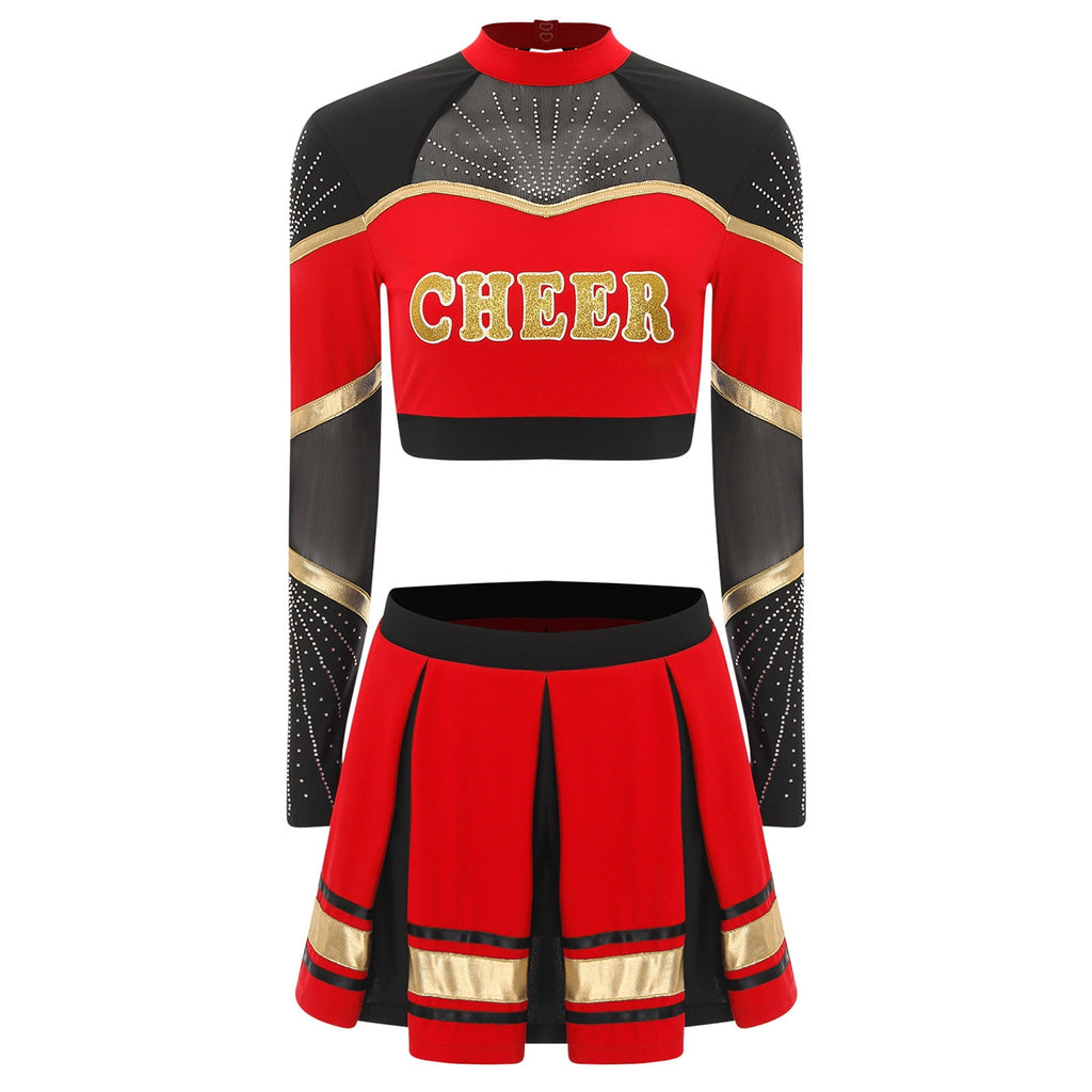 TiaoBug Women Cheer Leader Uniform Dance Cheerleading Costume Long Sleeve Crop Top with Mini Skirt White S