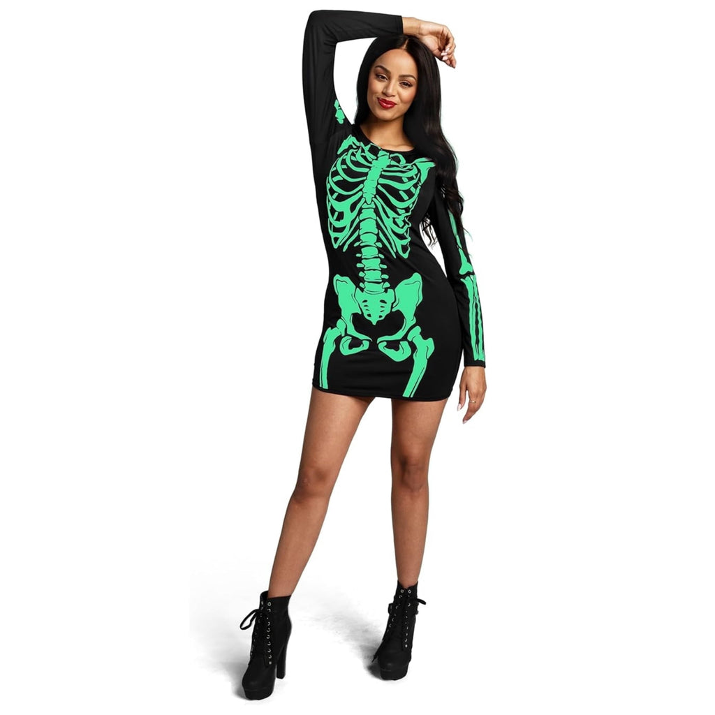 Joyfy Glow in the Dark Skeleton Costume for Adults Women Halloween Dress Up Party Role Playing Cosplay