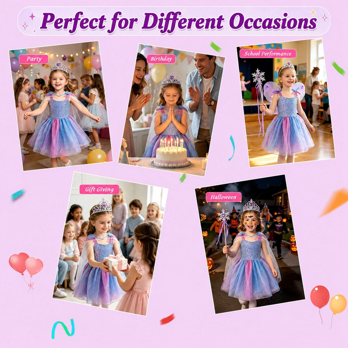 WonderStone Princess Dress for Girls, Fairy Costume Dress-Up with Luxury Accessories, Purple Tutu Outfit for Birthday Parties, Kids & Toddlers Ages 5-6
