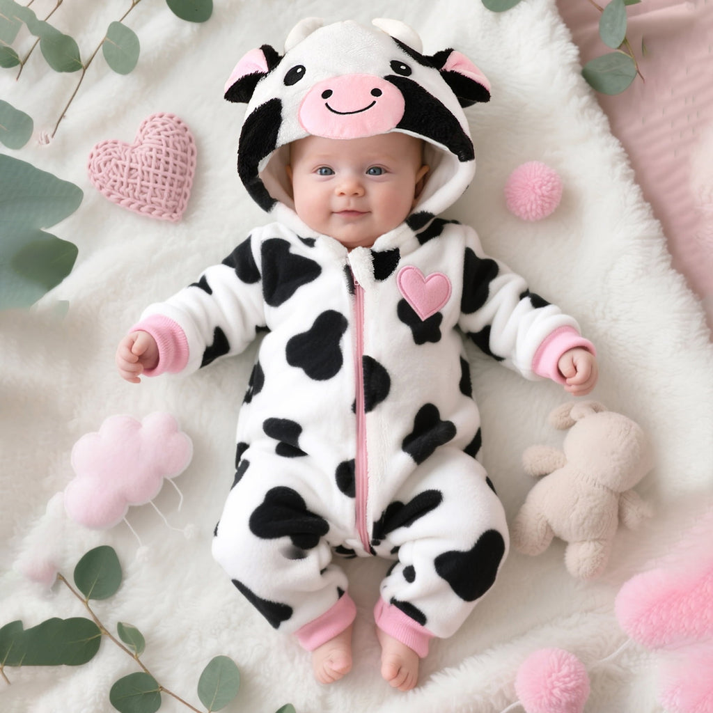 RUINIXCW Baby Cow Costume Infant Halloween Animal Costume Baby Boy Girl Warm Fall Winter Outfit Fleece Jumpsuit Snowsuit Baby Photoshoot Outfits Long Sleeve Zip Up Hooded Romper