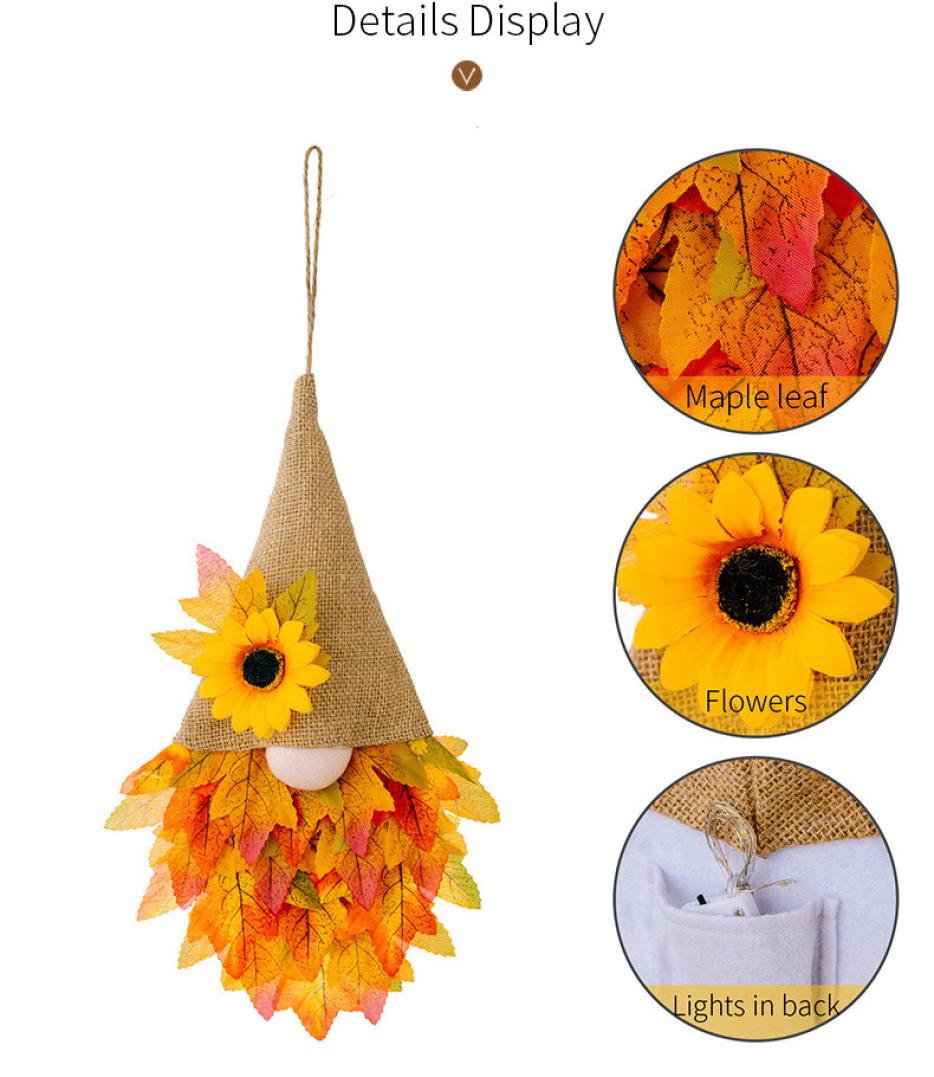 Fall Maple Leaf Gnome Wreaths for Front Door with Lights, 14.6'' Autumn Door Wreath Gnome, Maple Leaf Fall Decorations Wreath, Fall Wreath for Halloween Decorations, Thanksgiving, Harvest Festival