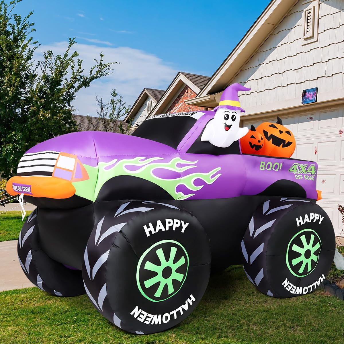GOOSH Halloween Inflatables 8 FT Inflatable Monster Truck with Built-in LEDs, Halloween Inflatable Truck with Blow Up Ghost Pumpkin, Outdoor Halloween Decorations for Holiday Party Indoor Outdoor