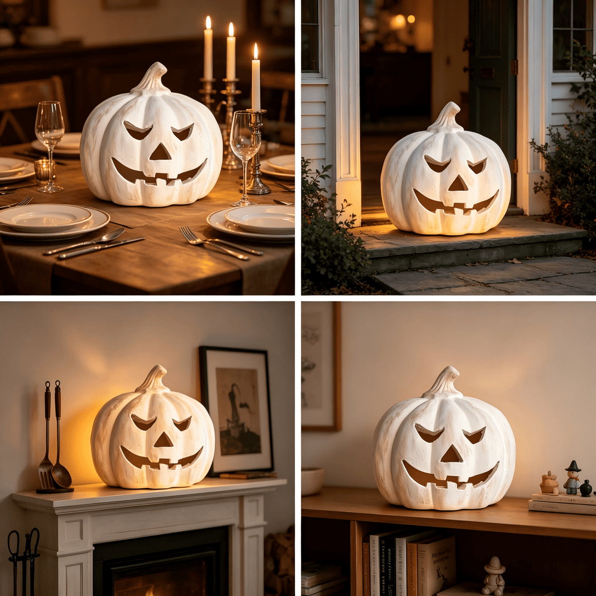 Fall Decor - Halloween Decorations - 5.9"H White Handmade Resin Pumpkin Jack O' Lantern with Flameless Candle - Outdoor Indoor Autumn Decoration for Table Centerpieces Porch Room Front Door