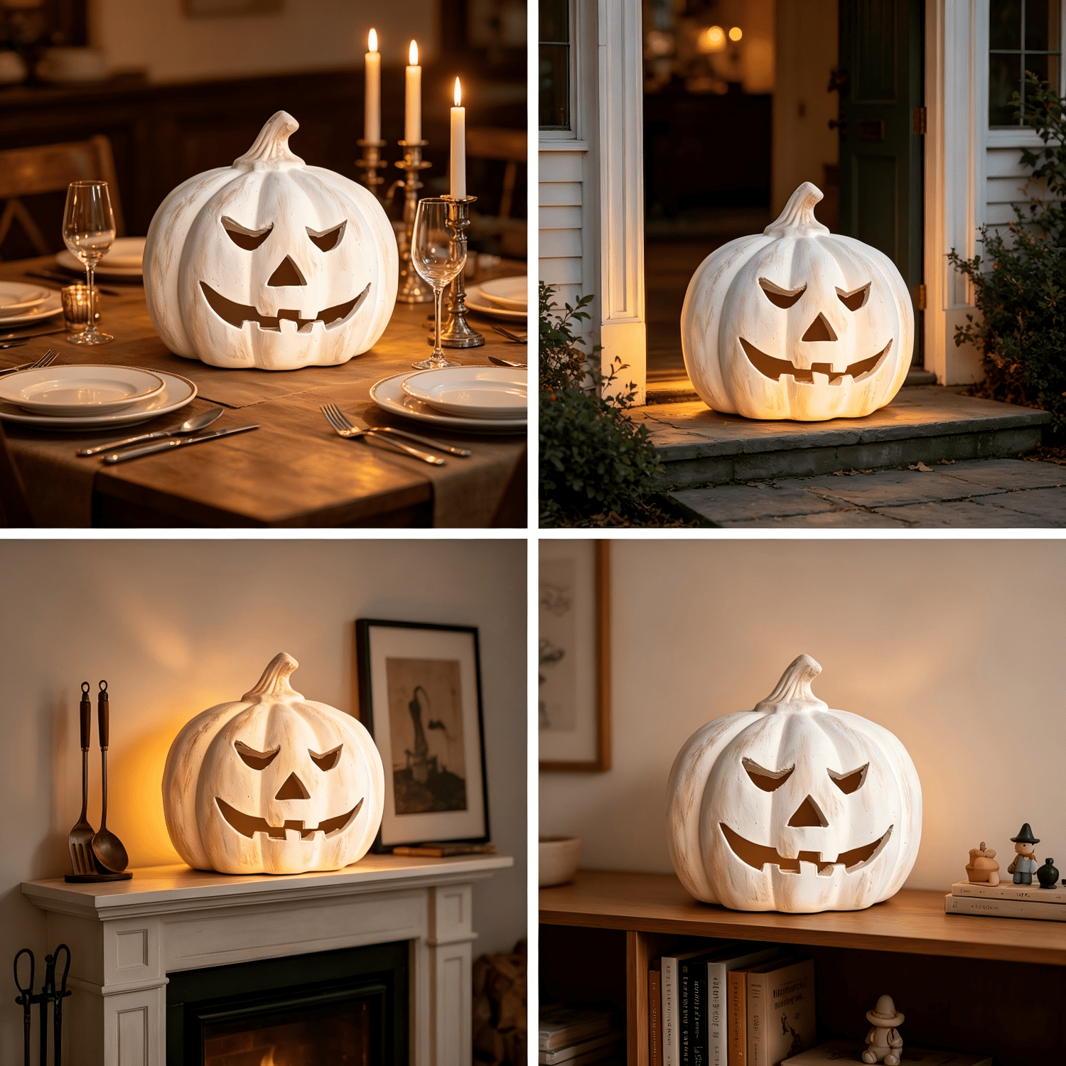 Fall Decorations for Home - Halloween Decor Indoor - 7.87" H White Handmade Resin Pumpkin Jack O' Lantern with Flameless Candle - Outdoor Decoration for Front Door Porch Mantel Kitchen Living Room