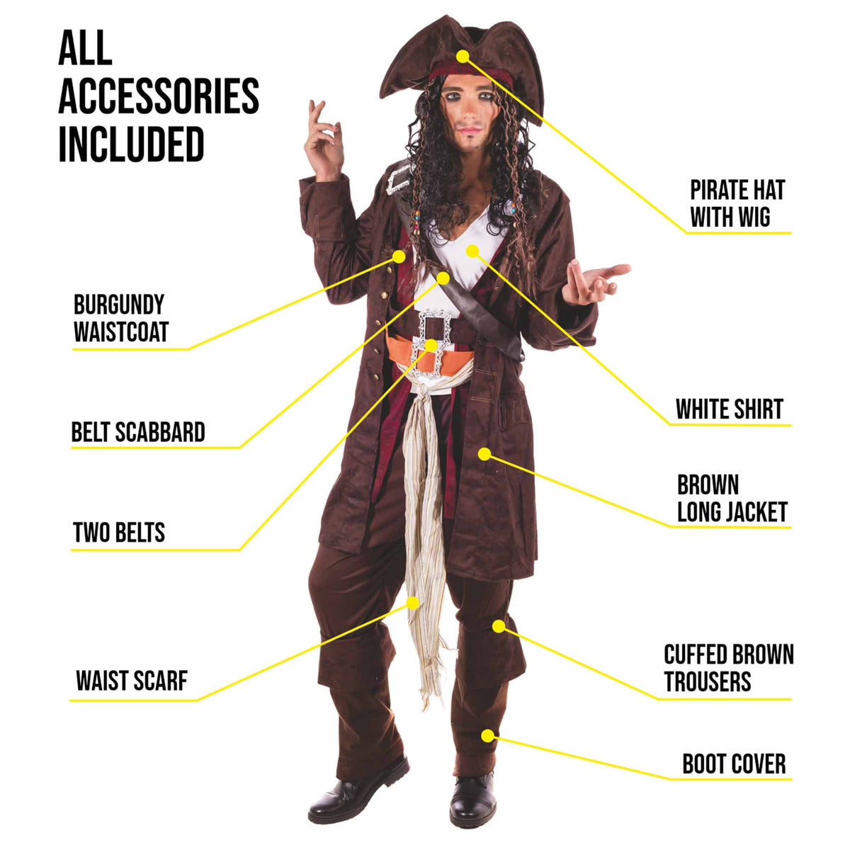 Fun Shack Mens Caribbean Pirate Captain Costume Hat Wig Movie TV Fancy Dress Theme Party Brown L