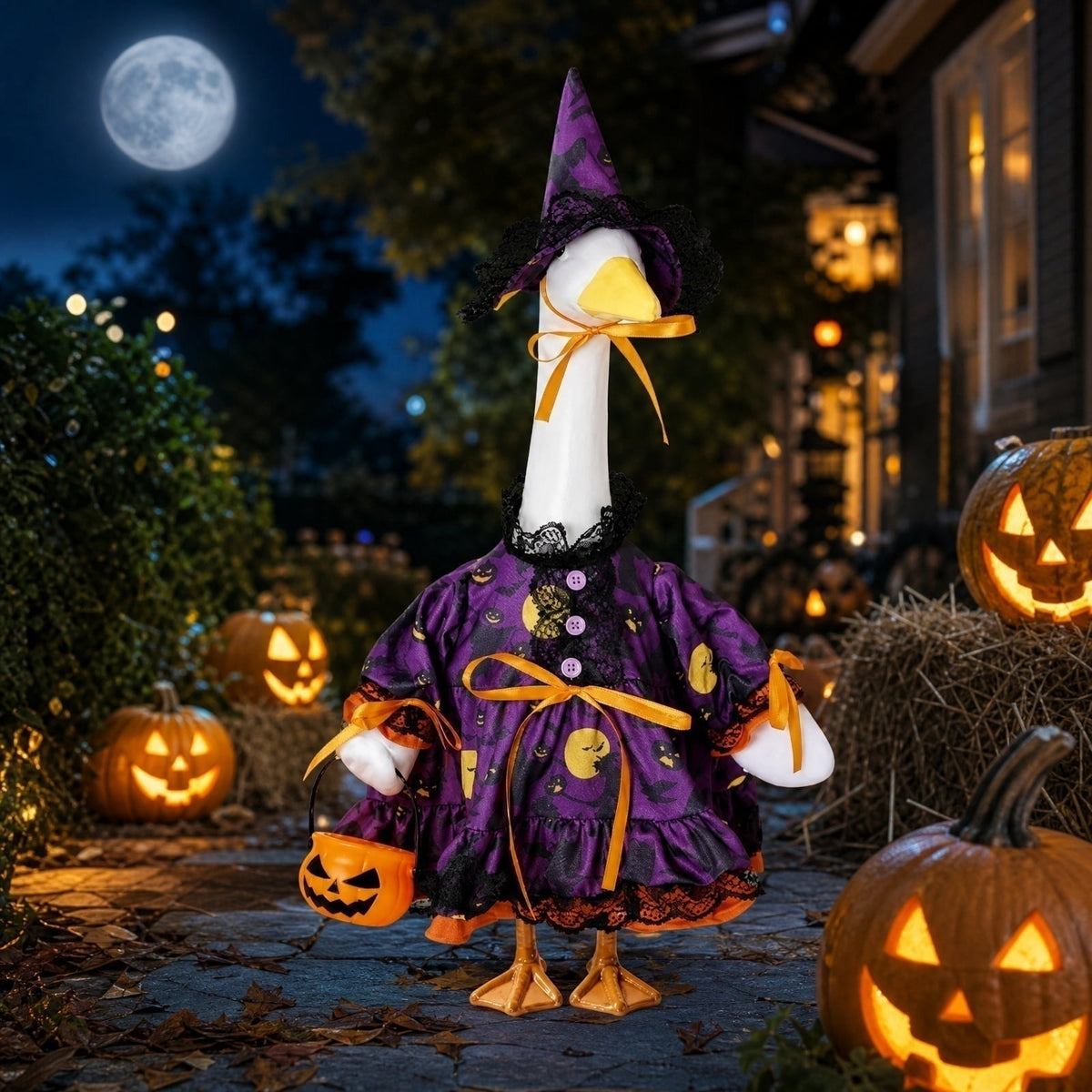 Bat Witch Hat Spiderweb Halloween Goose Clothes Fit 17/23In Cement Plastic Lawn Goose, Stylish Full Set for Outdoor Yard Patio Garden Seasonal Halloween Home Ornamental Arrangement