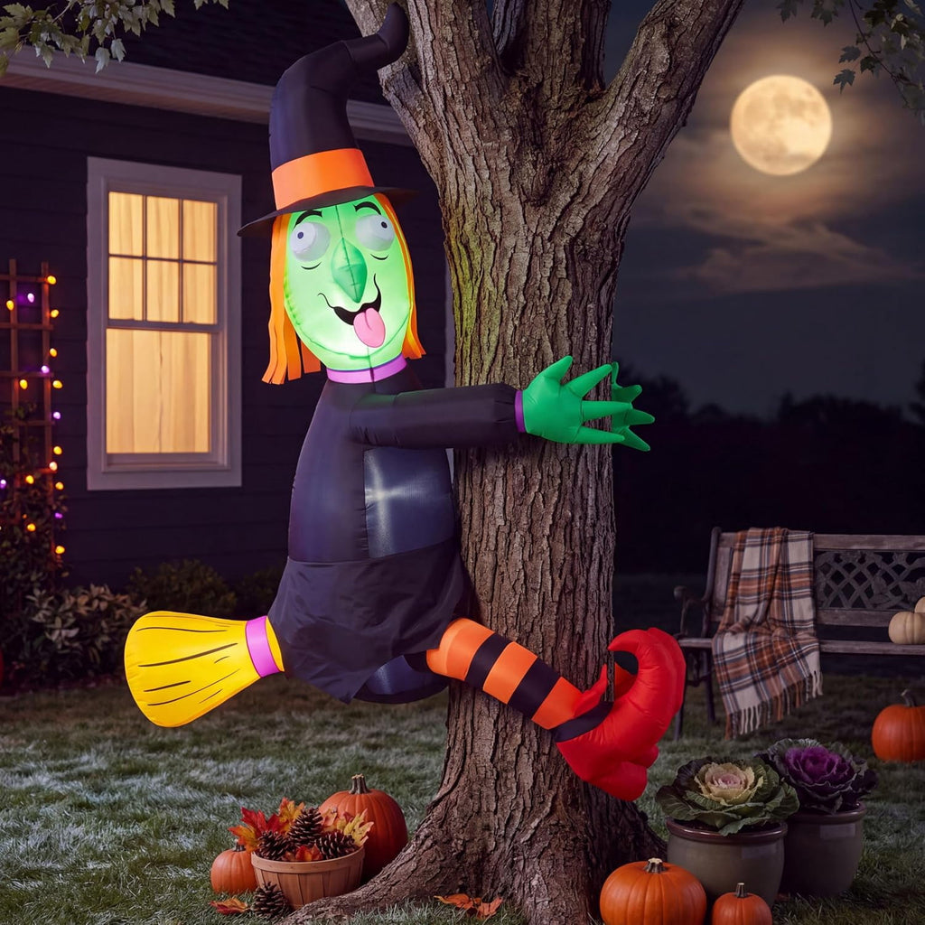Joyfy 4 FT Halloween Inflatables Witch Crashing Into Tree,LED Lighted Blow Up Yard Decoration for Outdoor Garden Lawn Party Decor