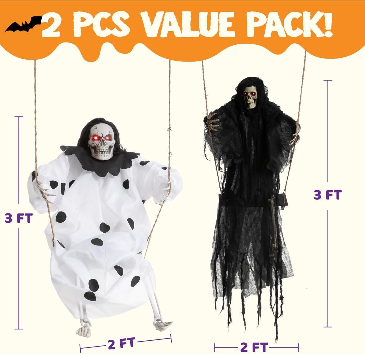 Joyfy 2 Packs Halloween Decorations Outdoor Hanging Swinging Skeleton Ghosts,3 ft Light Up Creepy Grim Reaper Decorations for Halloween Hanging Decorations Indoor Outdoor Yard