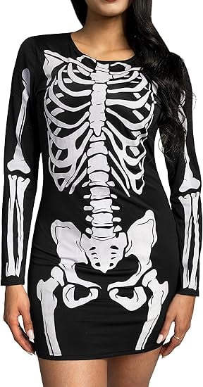 Joyfy Glow in the Dark Skeleton Costume for Adults Women Halloween Dress Up Party Role Playing Cosplay