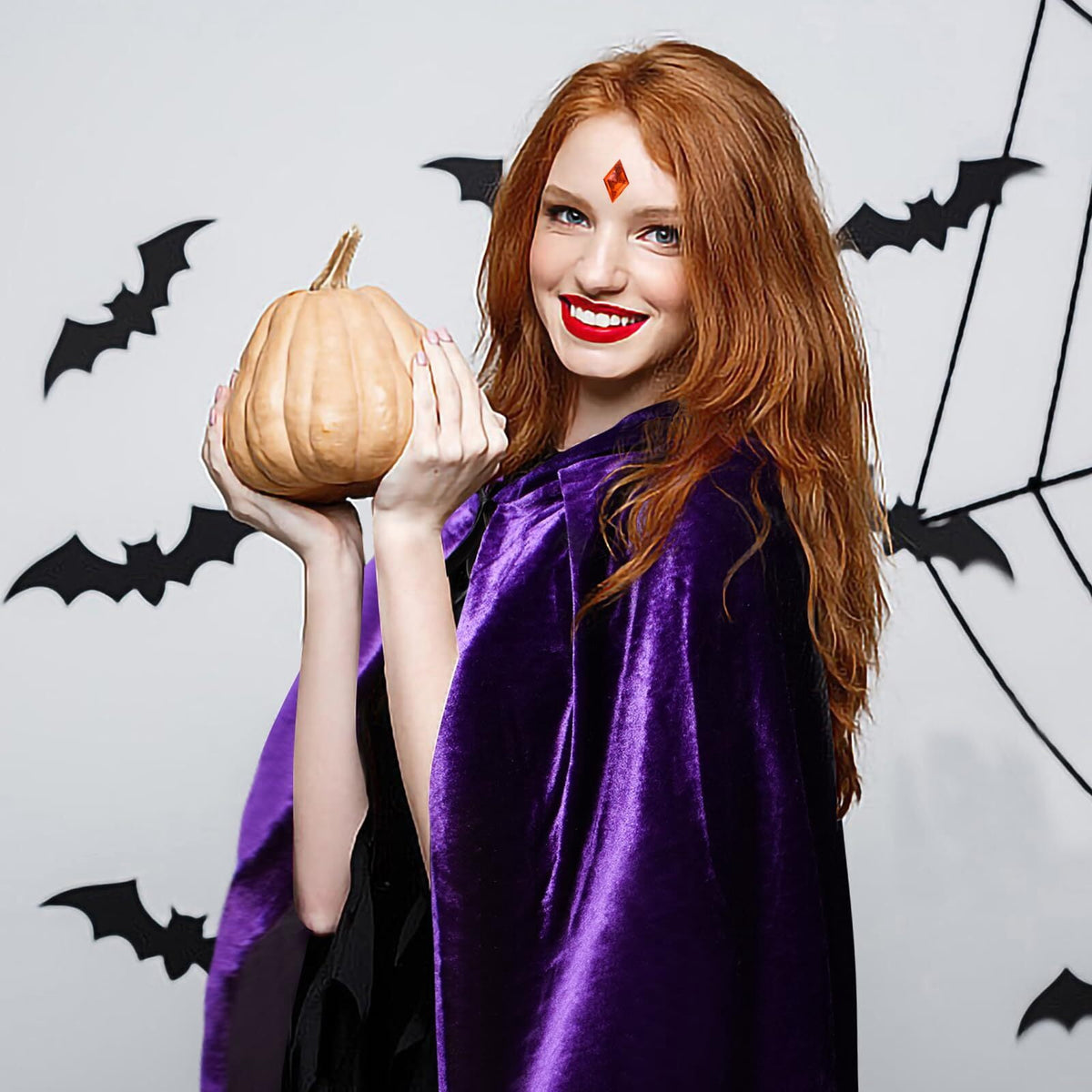 Women's Halloween Cosplay Costume Purple Hooded Cloak Cape Long Sleeve Bodysuits with Adjustable Red Gem Waist Belt