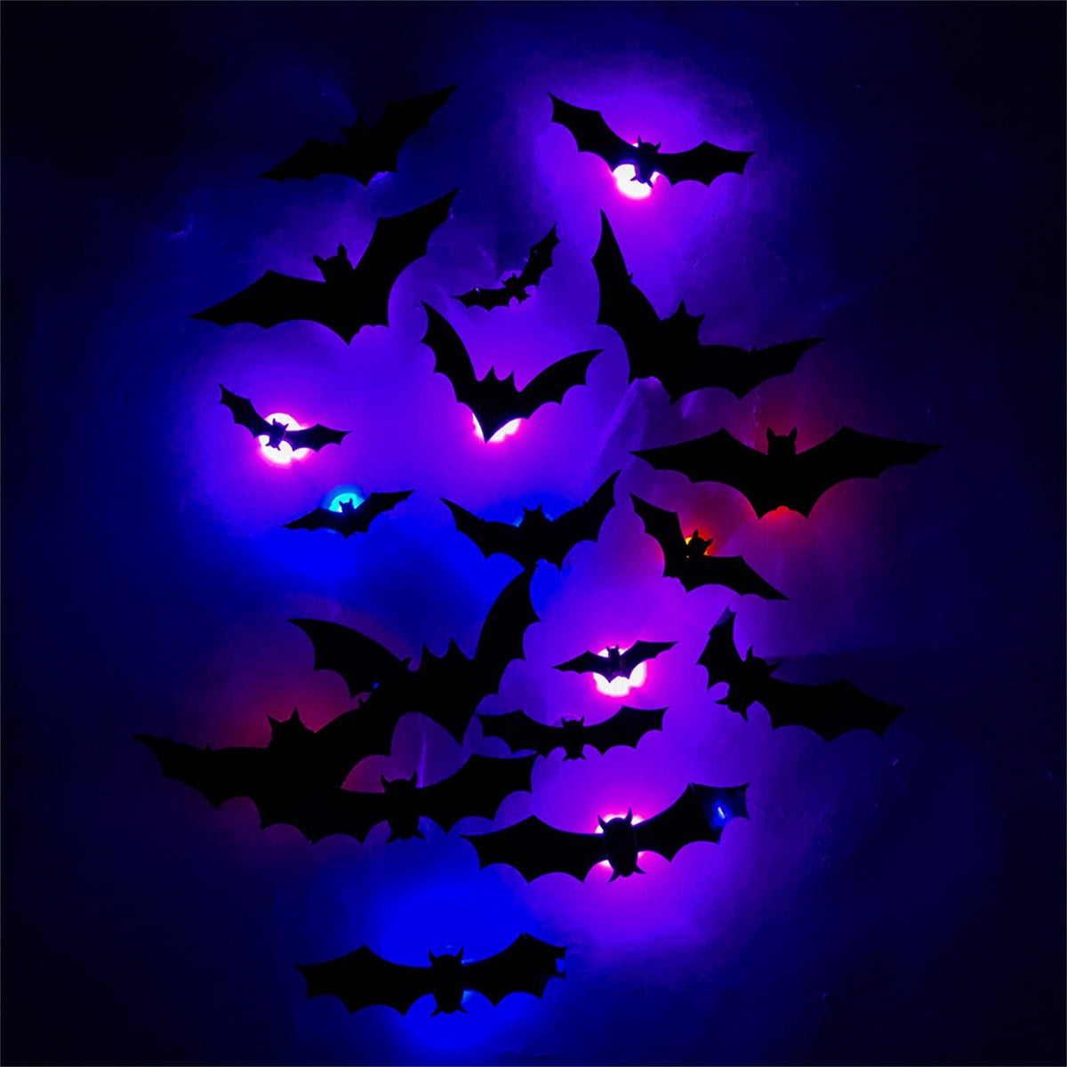 CQHVKQ 60 PCS Halloween Bats Decorations, Realistic 3D LED Bats Wall Stickers Decor, Assorted Size Removable Lighted PVC Bats DIY Wall Sticker for Halloween Party, Bedroom, Home, Indoor and Outdoor