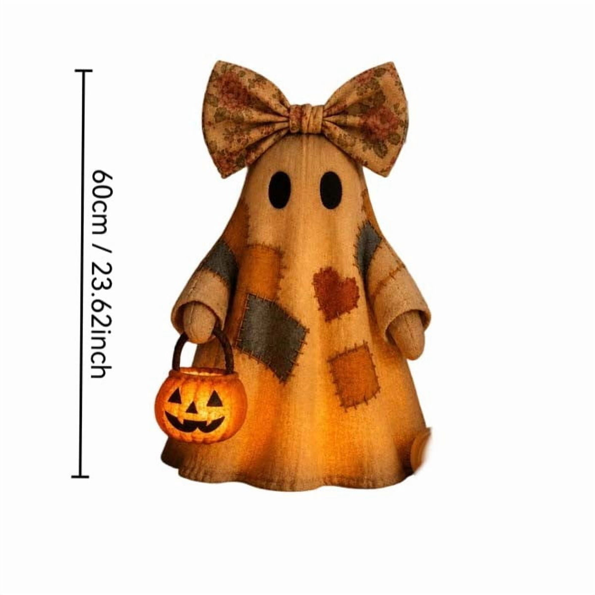 Tumdkd Vintage Patchwork Ghost Decor with LED Pumpkin Light, Soft Fabric Halloween Ornament for Mantel Shelf Tabletop, Cozy Family-Friendly Holiday Accent