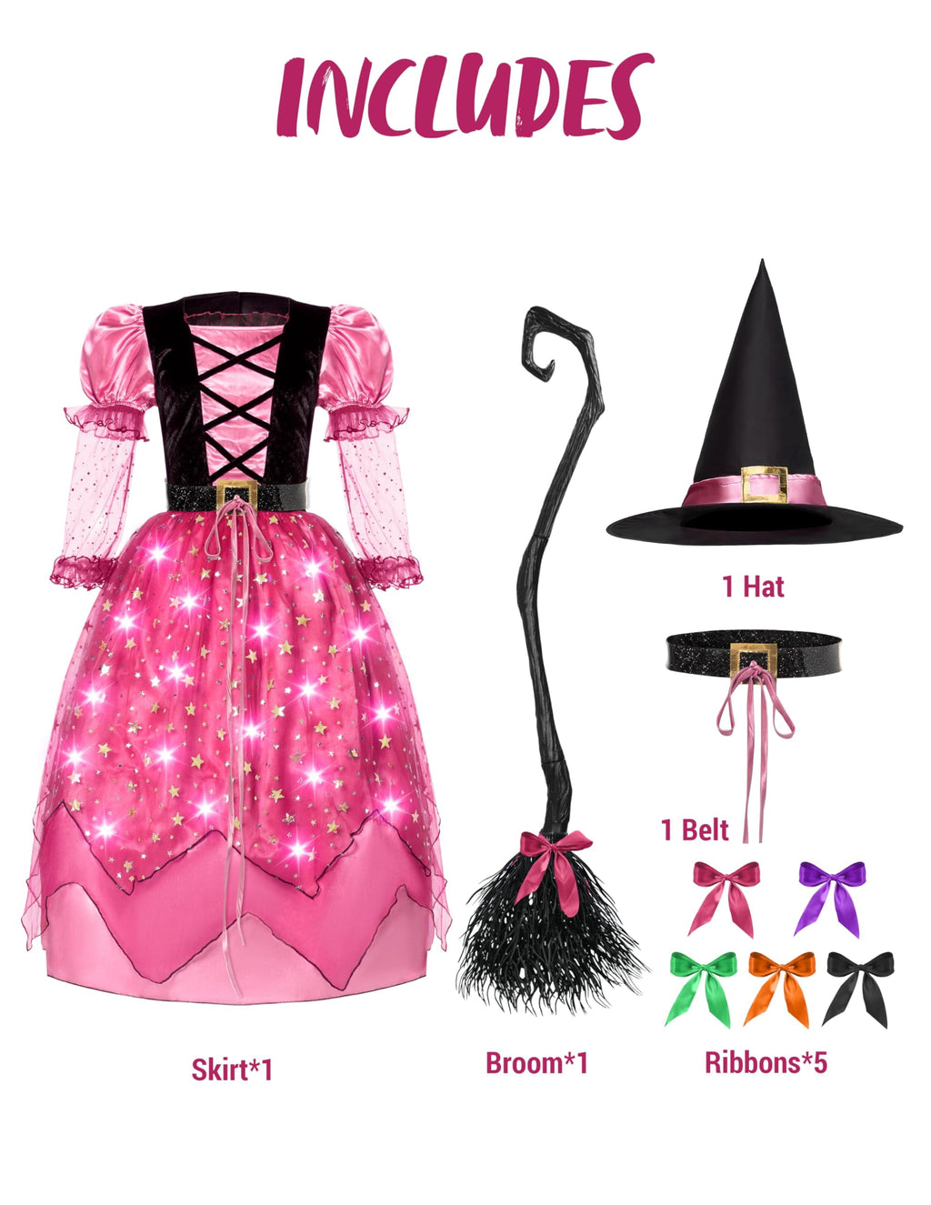Joyfy Light Up Witch Costume Set for Girls, Starry Witch Dress with Broom Belt Hat for Kids and Toddlers, Perfect for Halloween Party Dress-Up Cosplay (5-12 Years)