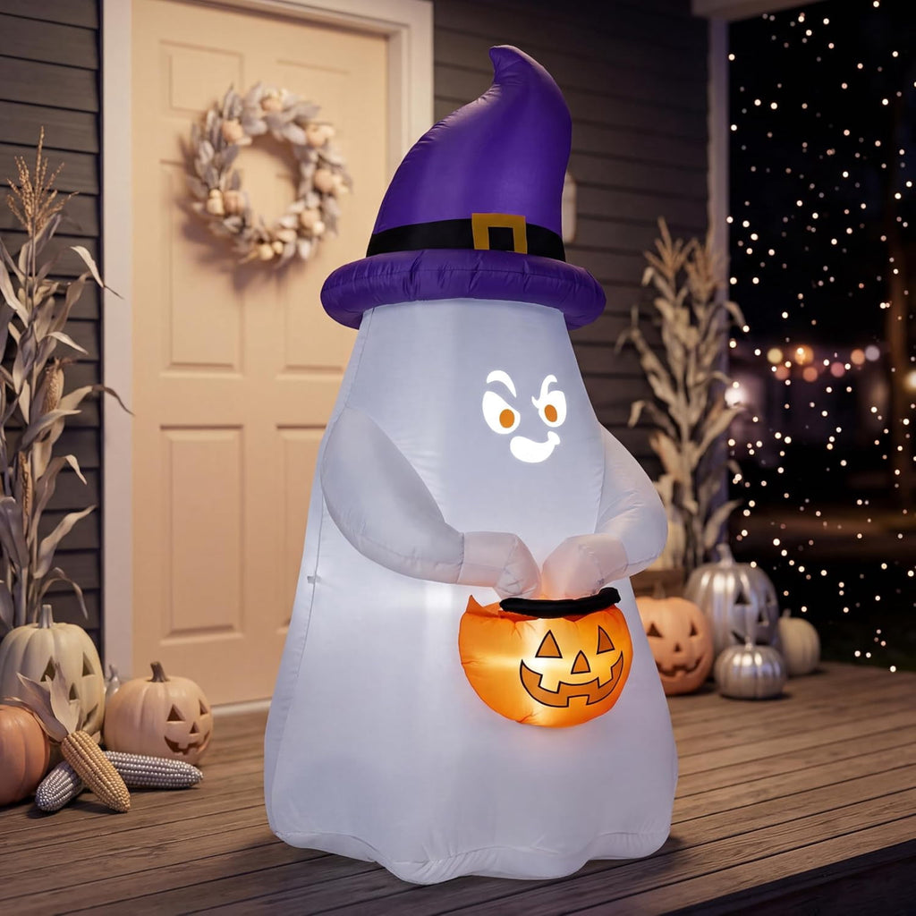 Joyfy 6 ft Halloween Inflatable Witch & Cauldron,Blow Up Decor with Rotating Green Ghost Projection Built-in LEDs,Outdoor Decoration for Party,Yard,Garden