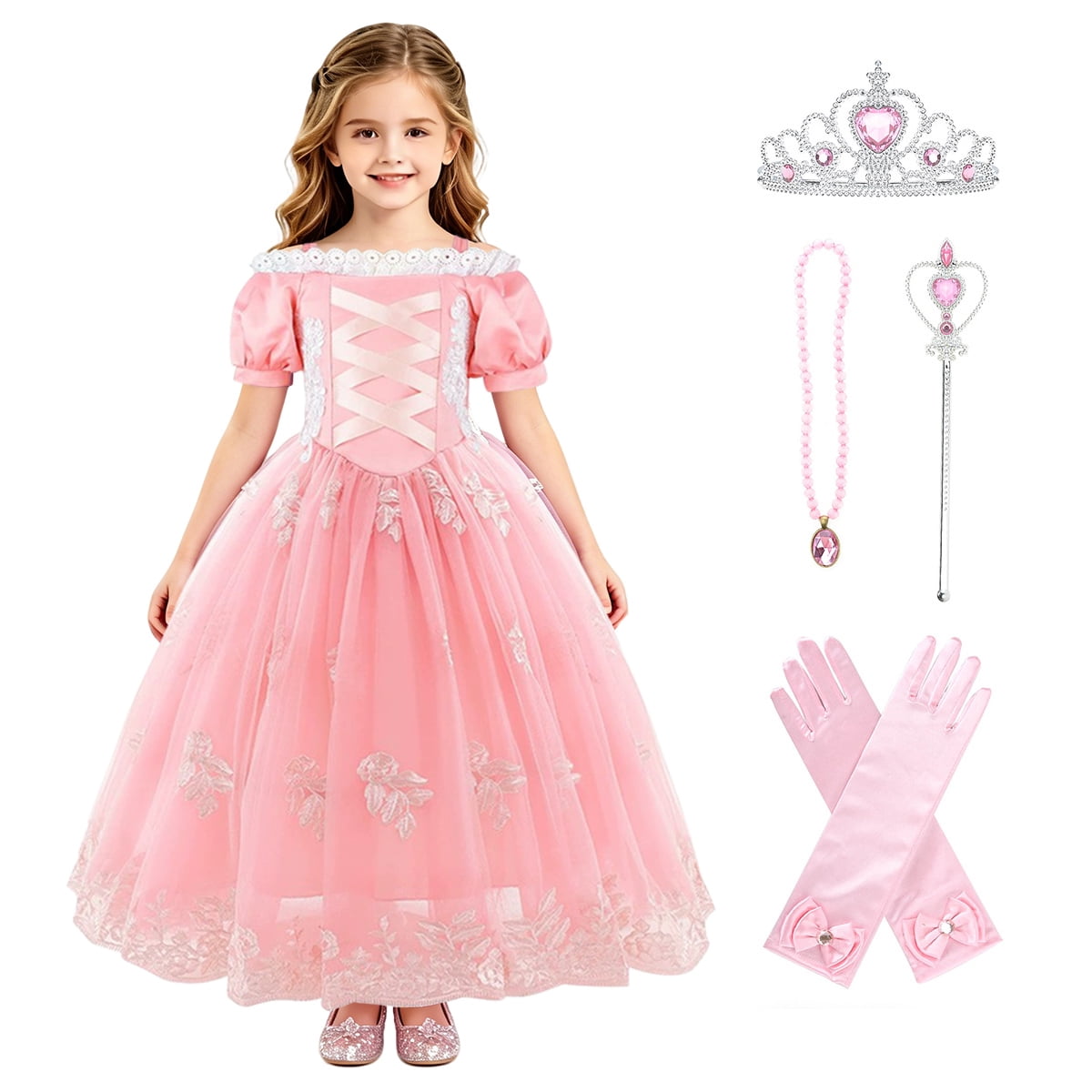 HAWEE Princess Dress for Girl Pink Cosplay Halloween Costume Puff Sleeve Layerd Dresses