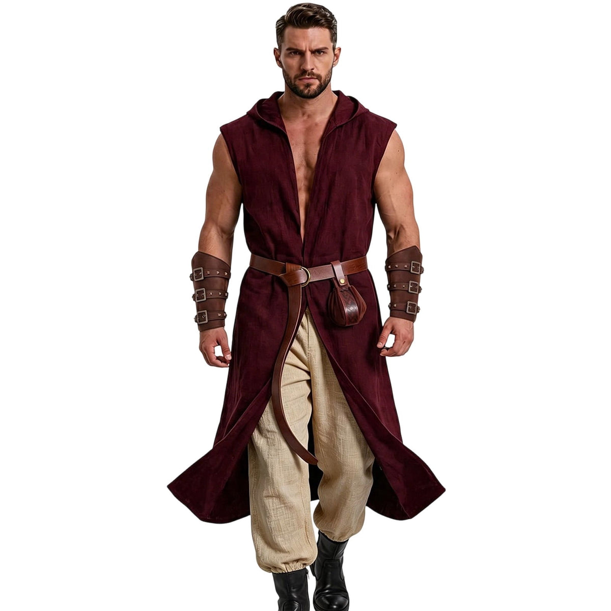 Men's Medieval Vintage Viking 5-Piece Cosplay Costume Set Sleeveless Hooded Cape Belt and Bracers for Halloween