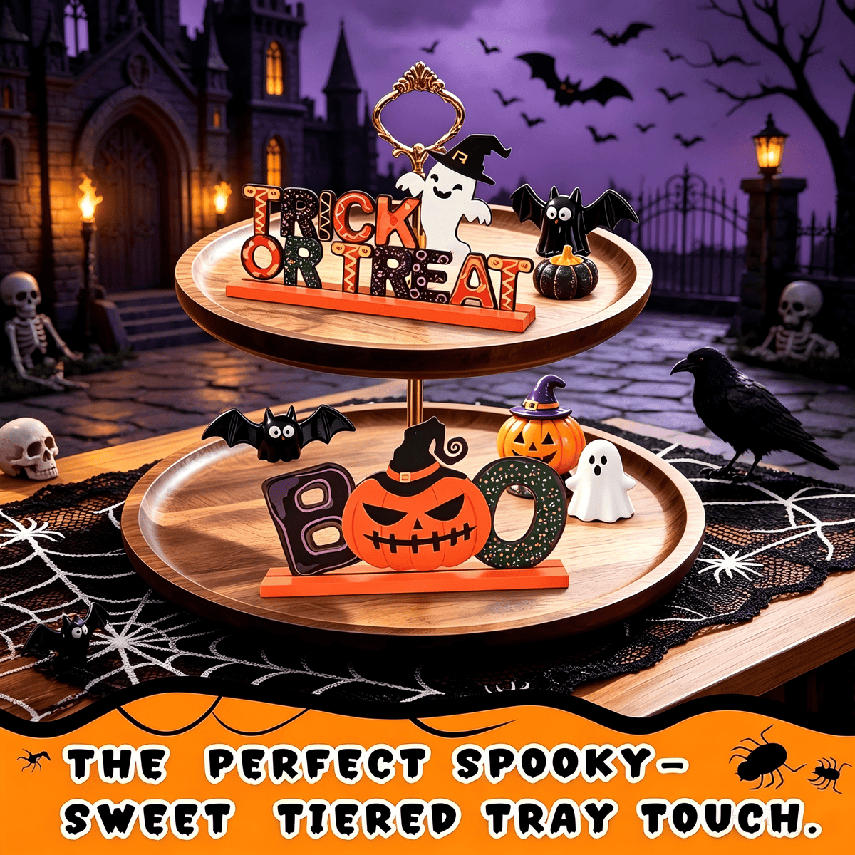 Halloween Tabletop Decoration Indoor Farmhouse BOO Decoration Centerpieces for Halloween-3*10 Inch Wooden Sign with Happy Halloween, Trick or Treat, Boo for Indoor Decoration