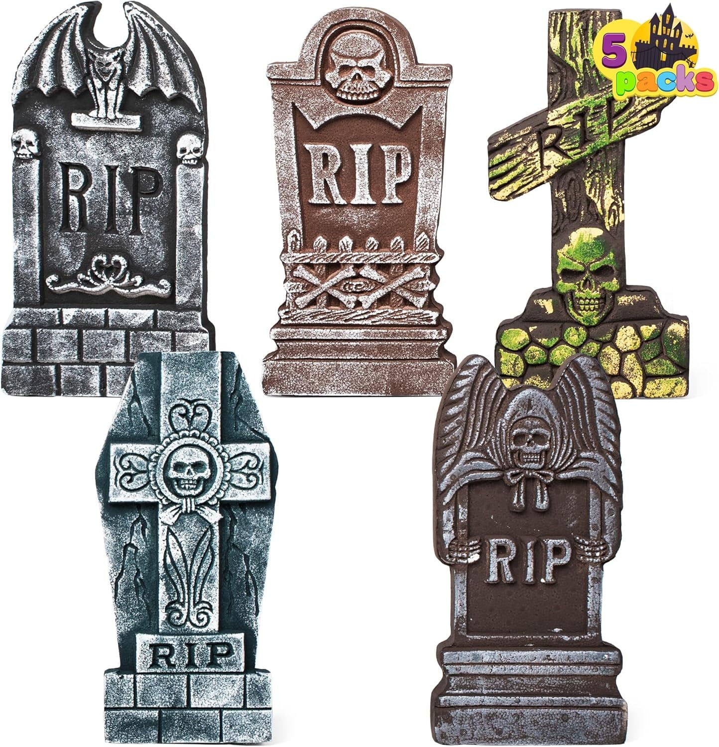 Joyfy 17" Halloween 5 Pack Tombstone Decorations, Foam RIP Graveyard Signs Cemetery Headstones Scary Outdoor Indoor Halloween Decor with 12 Metal Stakes for Easy Set Up, Waterproof for Garden Lawn