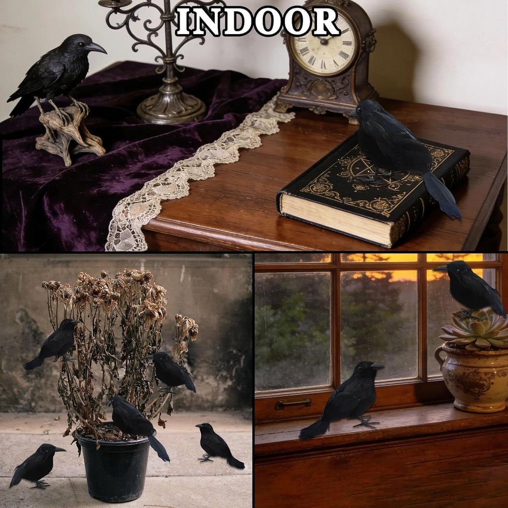 Yanxiao 6PCS Halloween Black Crows Decorations, Realistic Foam Halloween Handmade Black Feathered Crows with Fixable Legs, Halloween Gothic Ornaments for Table Centerpieces, Party, Indoor & Outdoor