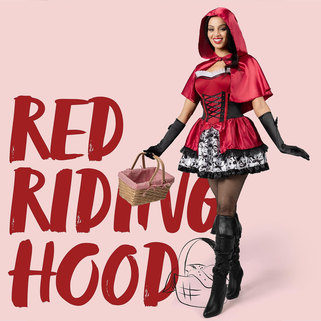 Joyfy Women Little Red Riding Hooded Costume with Dress, Cape and Gloves Outfits Set, Adult Women Halloween Costume for Halloween Themed Party Cosplay