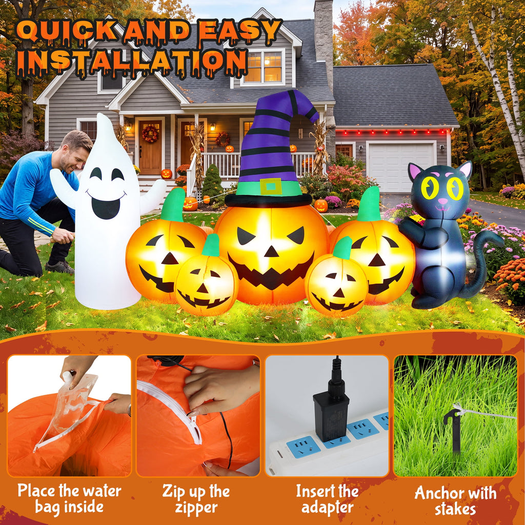 Yexmas 8 FT Long Halloween Inflatable Ghost with Witch Hat, 6 Pumpkins Halloween Blow Ups with Black Cat for Halloween Party Outdoor Yard Garden Lawn Decor