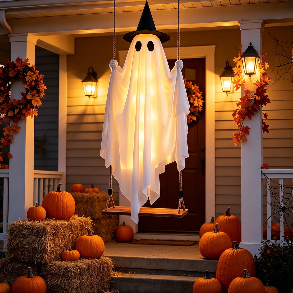 Cloth Hanging Swing Ghost Halloween Outdoor Decor,Remote Controlled LED Lighted Floating Ghost Ornament With 8 Lighting Modes For Porch Tree Yard Seasonal Holiday Display,Total Length 120.4 in.A