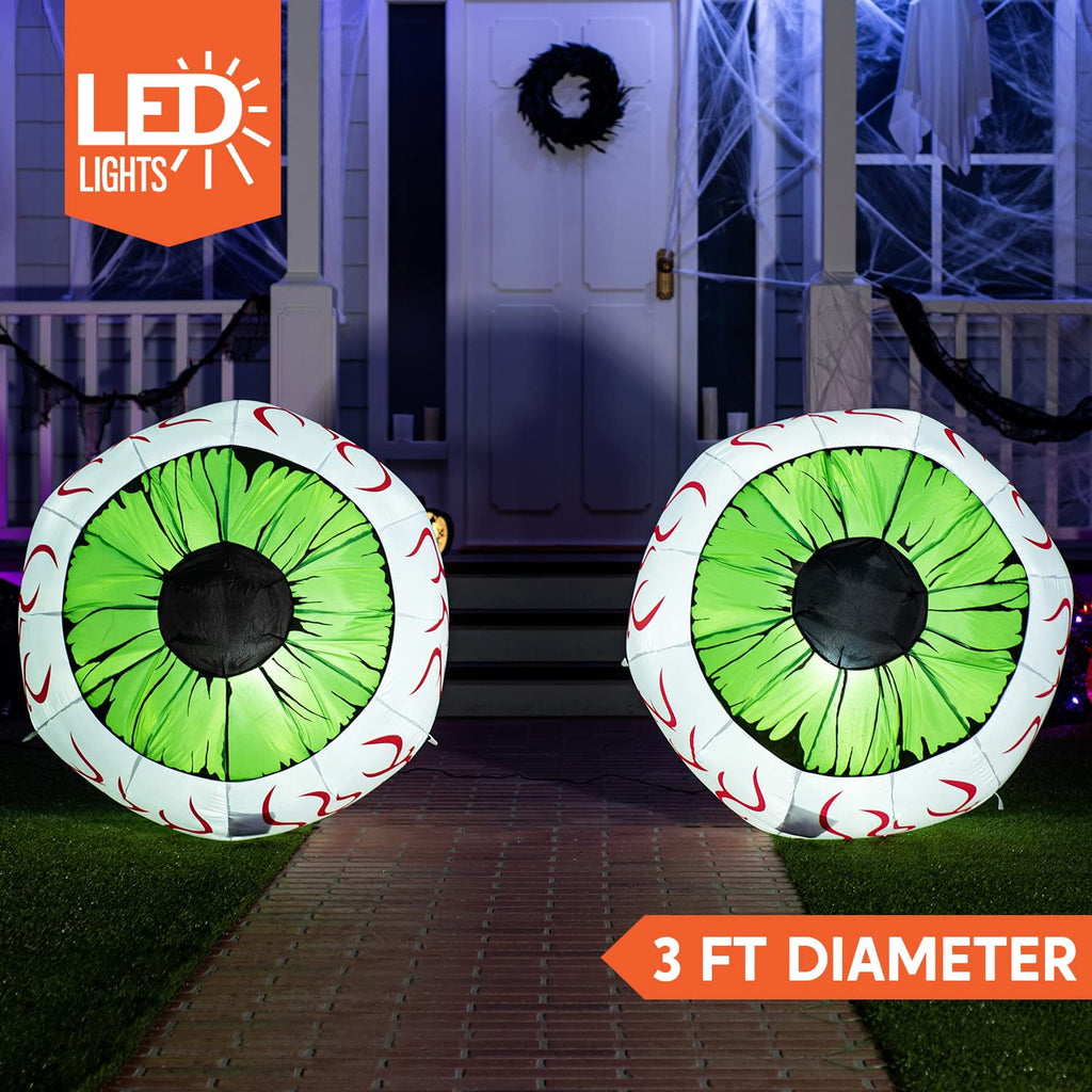 Joyfy 2 Pack Halloween Inflatable Eyes Decoration with Build-in LEDs,3 ft Blow Ups Green Eyes for Yard,Halloween Decor Outdoor with LEDs Party Supplies Blow up Decoration