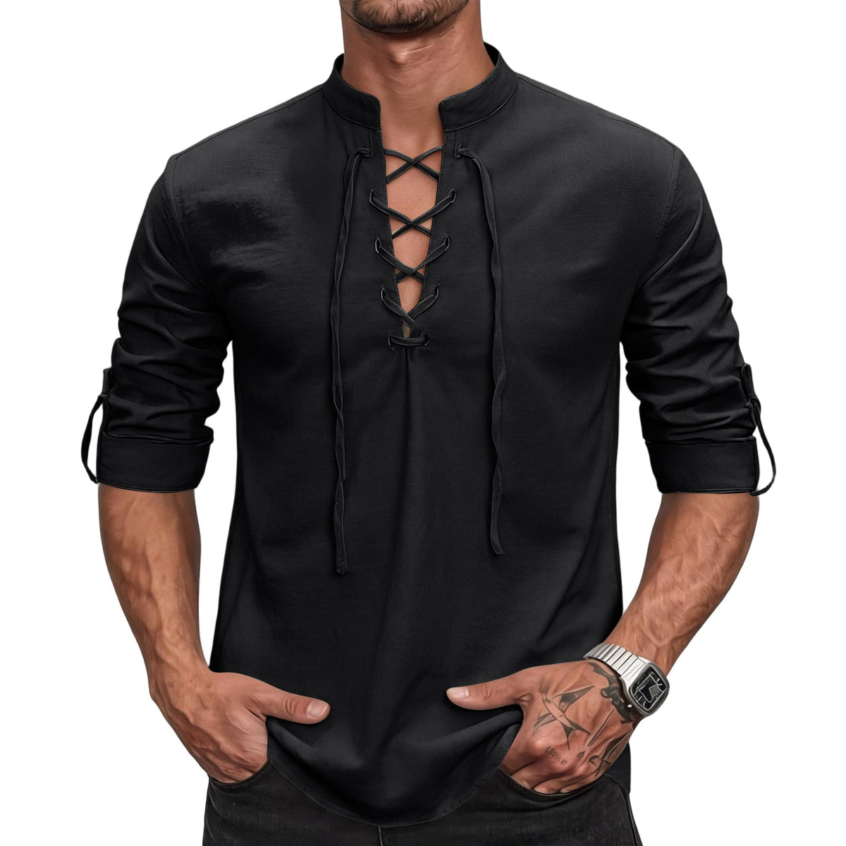 Mens Renaissance Shirt Medieval Pirate Viking Halloween Costume Gothic Steampunk Retro Long Sleeve Lace Up Shirts