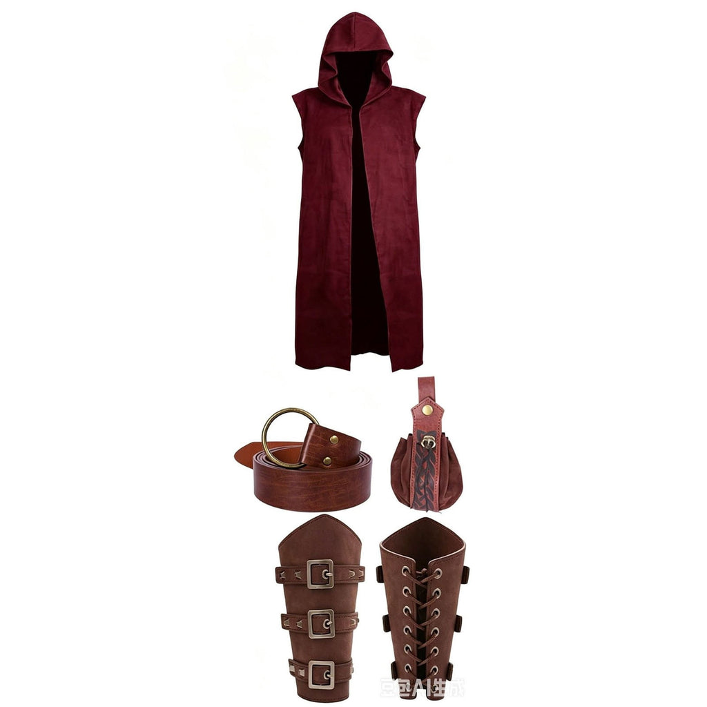 Men's Medieval Vintage Viking 5-Piece Cosplay Costume Set Sleeveless Hooded Cape Belt and Bracers for Halloween